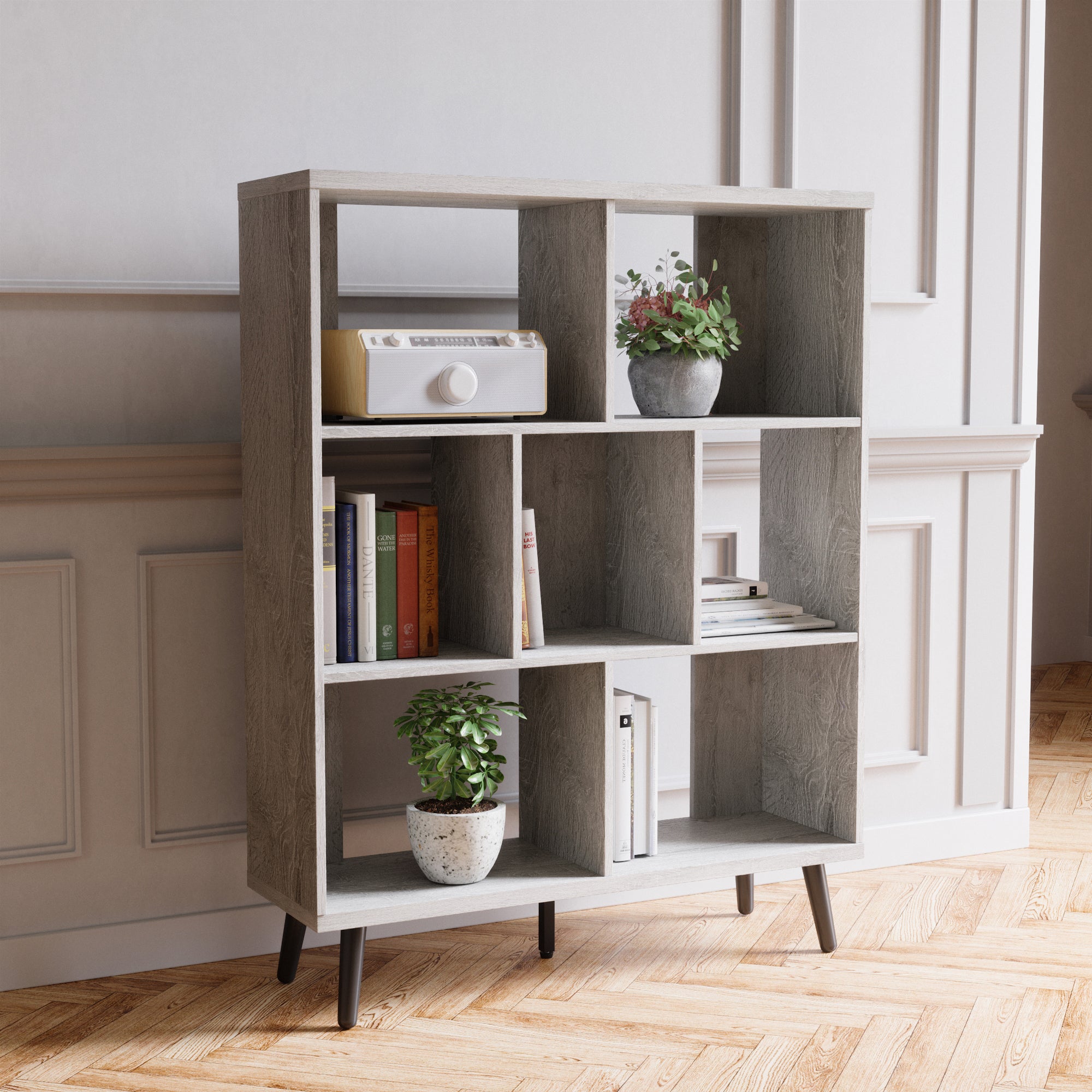 Bestier Mid Century 7 Cube Storage Organizer Bookcase 48.5 Inches, Light Gray