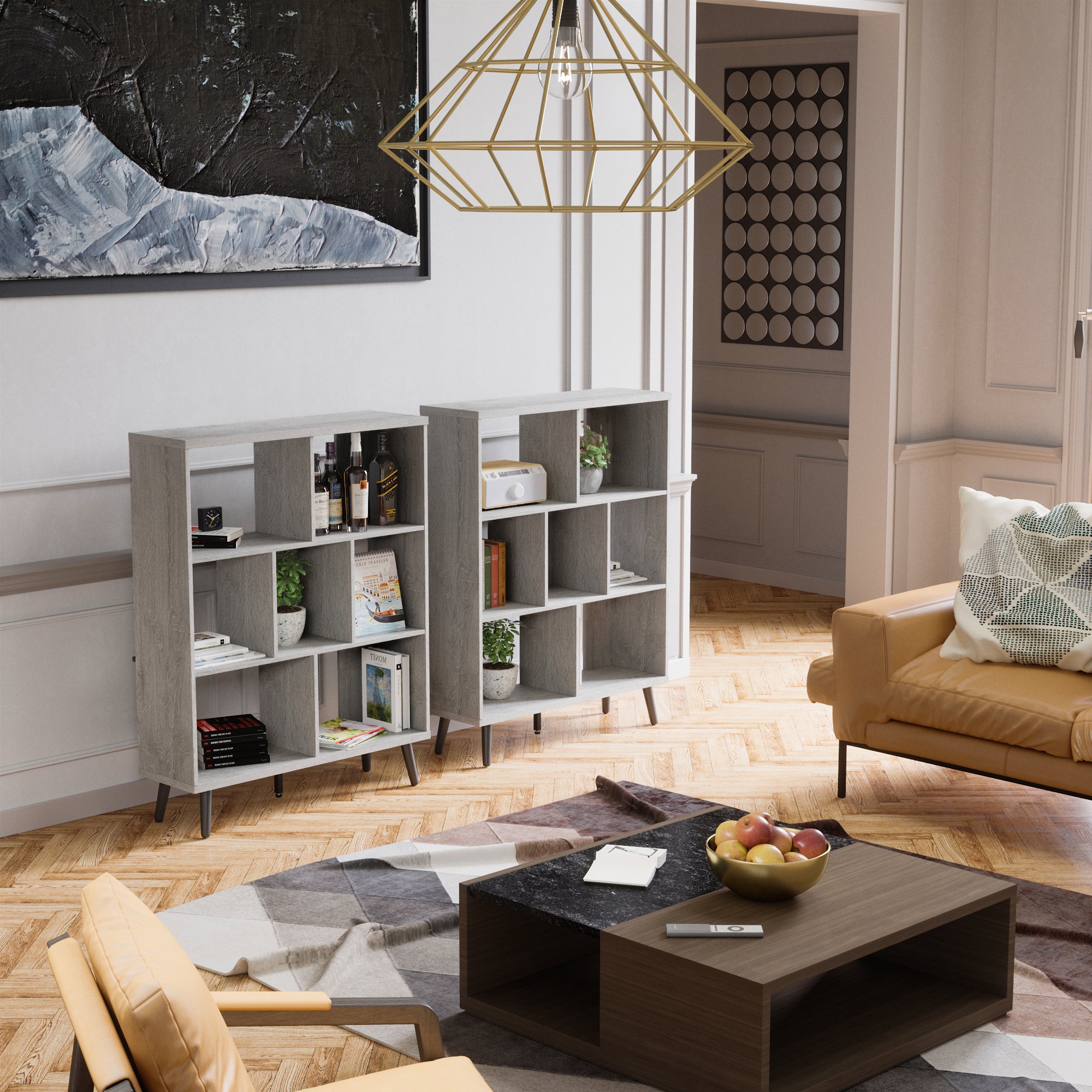 Bestier Mid Century 7 Cube Storage Organizer Bookcase 48.5 Inches, Light Gray