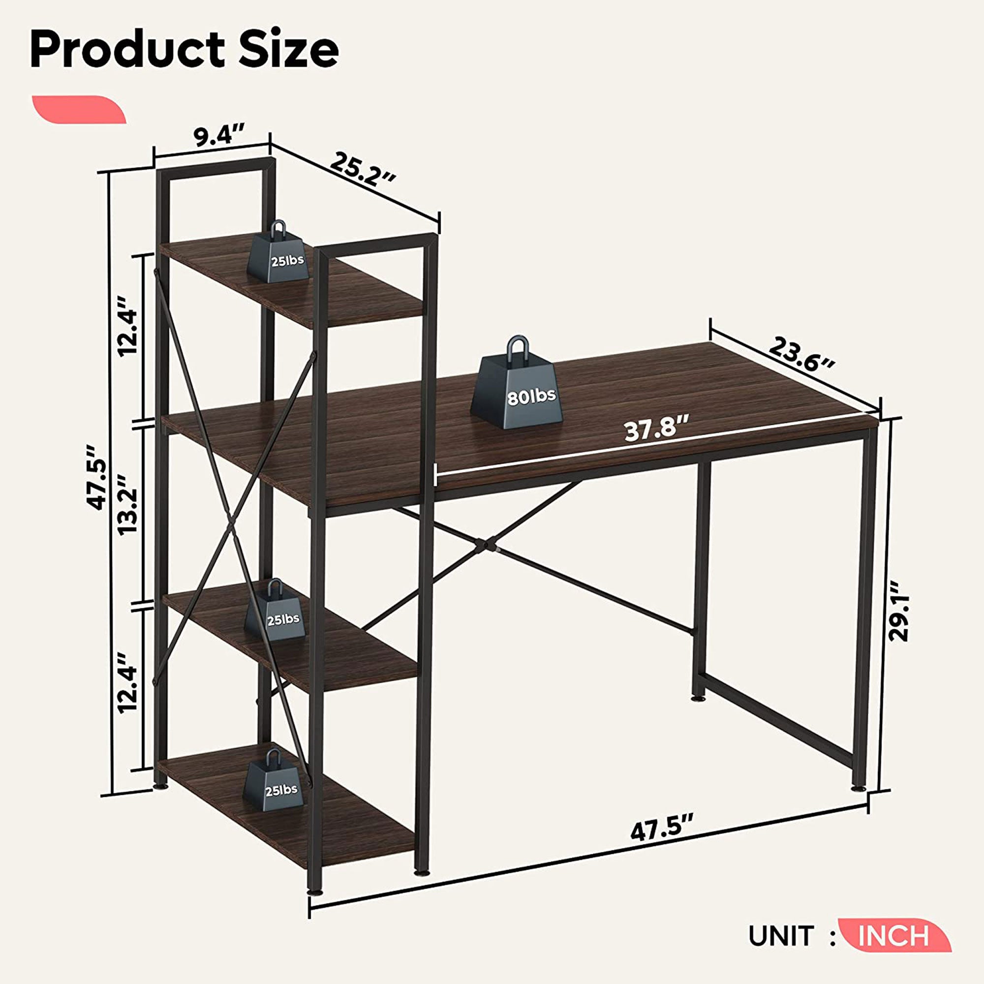 Bestier 47" Computer Desk w/Storage Shelves for Small Spaces, Brown (For Parts) - VMInnovations