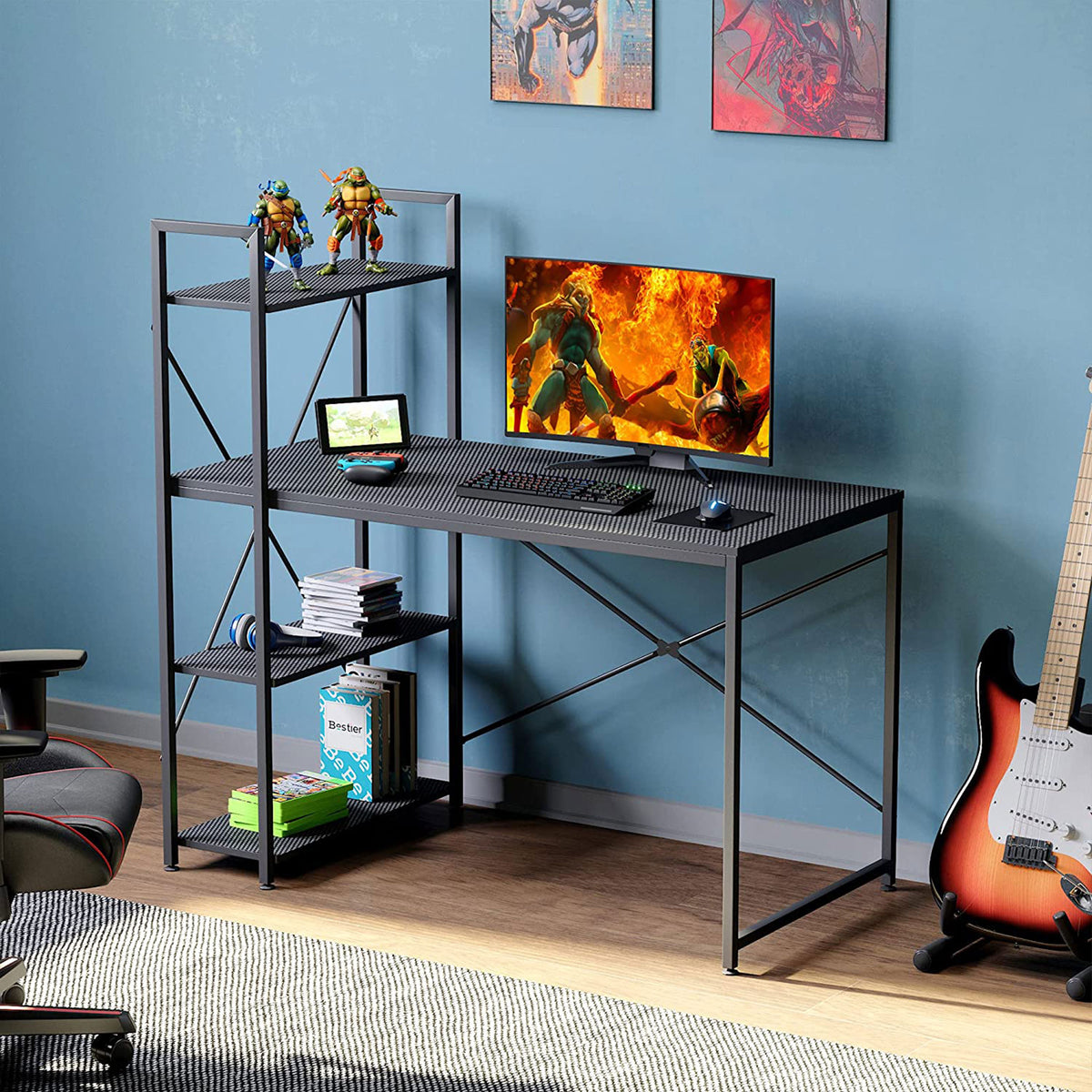 Bestier 47 In Computer Desk with Storage Shelves for Small Spaces, Carbon Fiber - VMInnovations