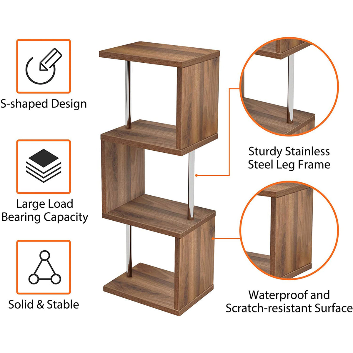 Bestier 4 Tier S-Shaped Modern Industrial Metal Frame Bookcase, 43 Inch, Walnut