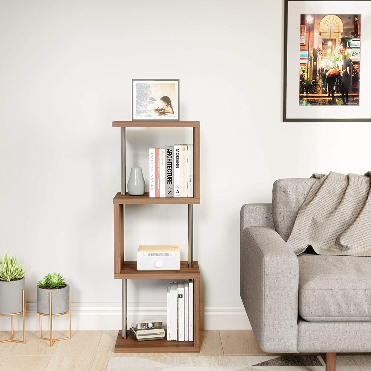Bestier 4 Tier S-Shaped Modern Industrial Metal Frame Bookcase, 43 Inch, Walnut