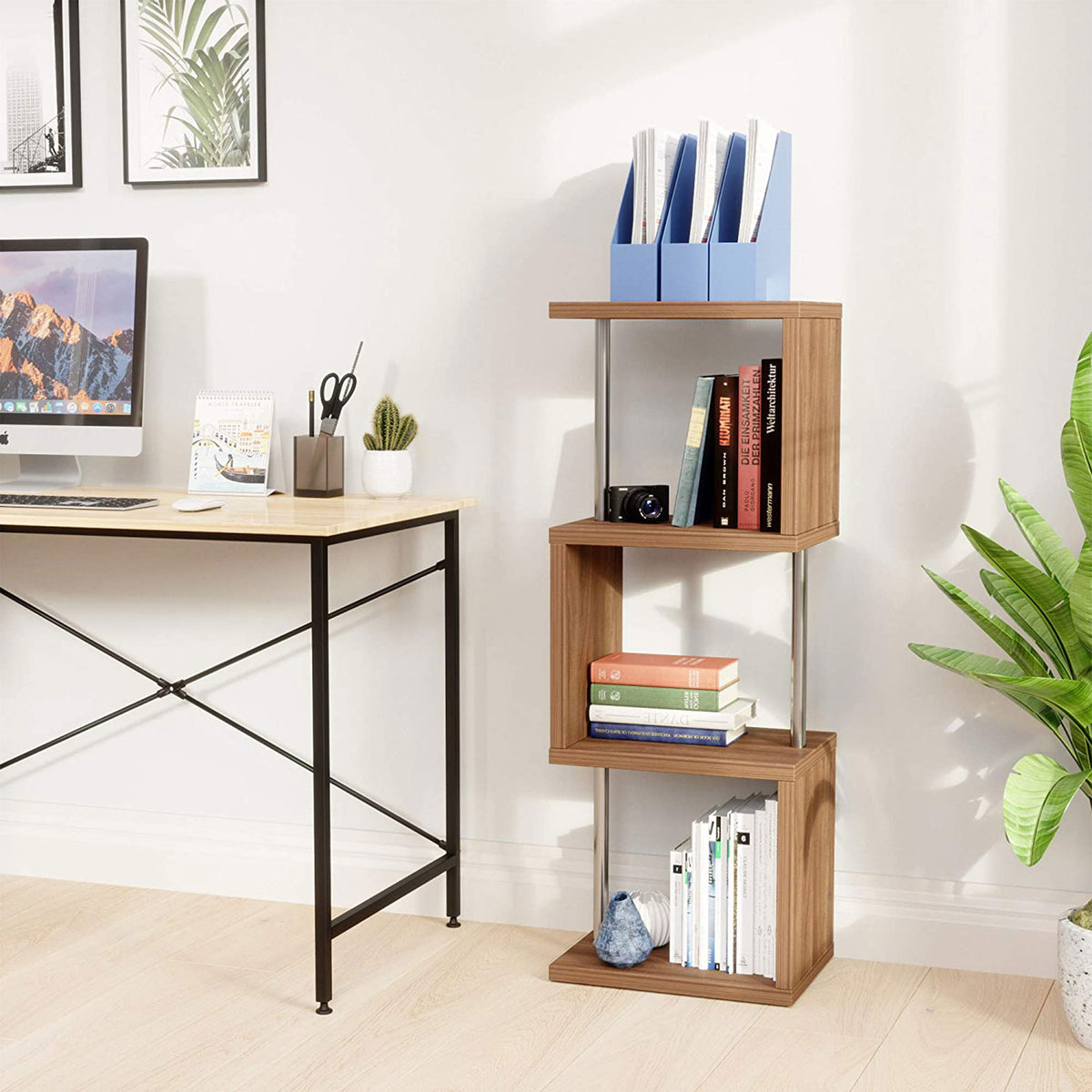 Bestier 4 Tier S-Shaped Modern Industrial Metal Frame Bookcase, 43 Inch, Walnut