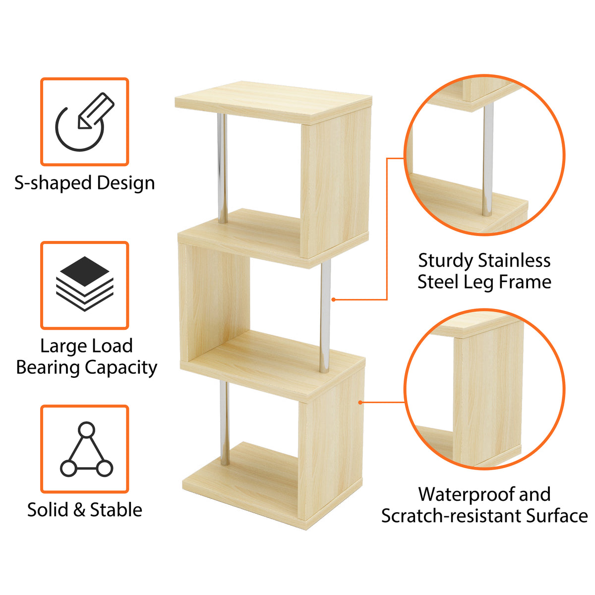 Bestier 4 Tier S-Shaped Modern Industrial Metal Frame Bookcase, 43 Inch, Oak
