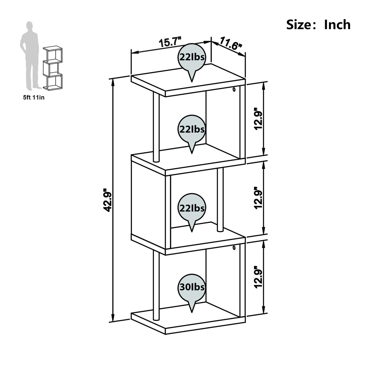 Bestier 4 Tier S-Shaped Modern Industrial Metal Frame Bookcase, 43 Inch, Oak