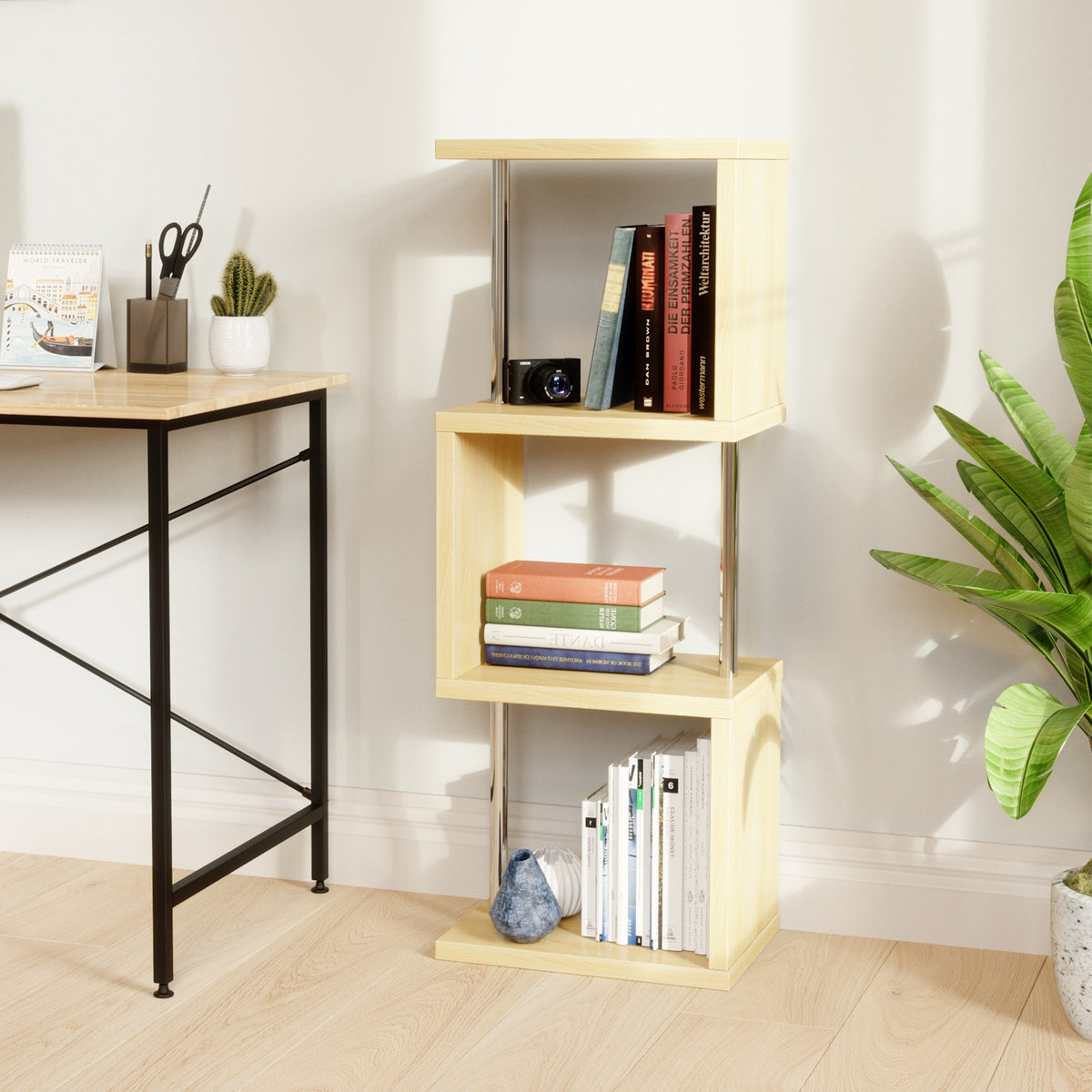 Bestier 4 Tier S-Shaped Modern Industrial Metal Frame Bookcase, 43 Inch, Oak