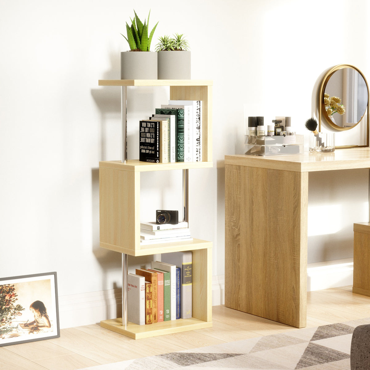 Bestier 4 Tier S-Shaped Modern Industrial Metal Frame Bookcase, 43 Inch, Oak