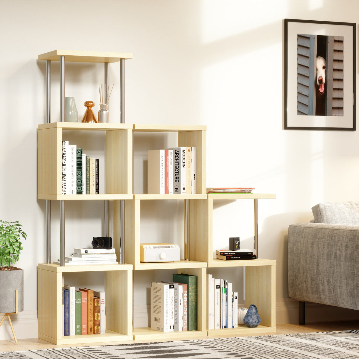 Bestier 4 Tier S-Shaped Modern Industrial Metal Frame Bookcase, 43 Inch, Oak