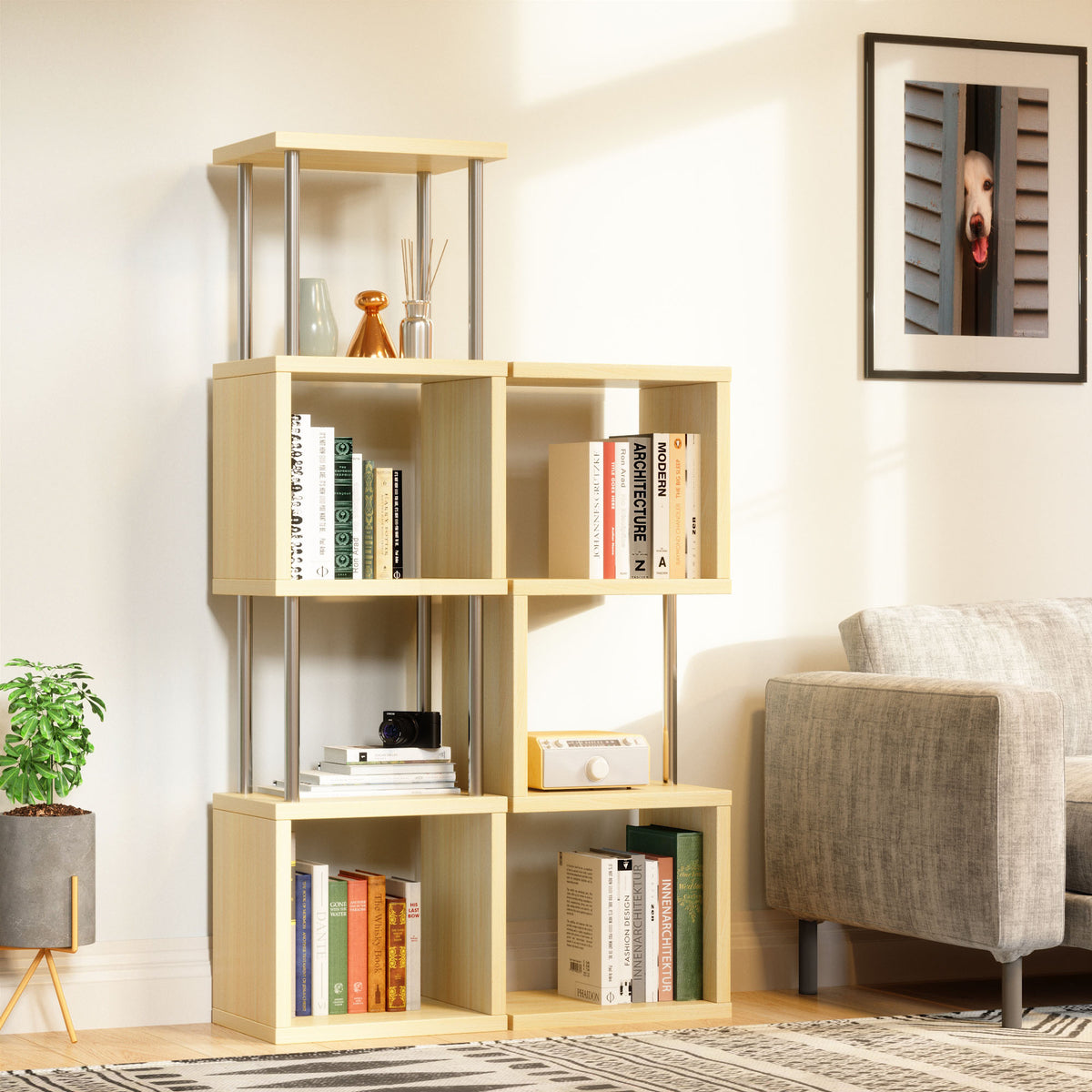 Bestier 4 Tier S-Shaped Modern Industrial Metal Frame Bookcase, 43 Inch, Oak