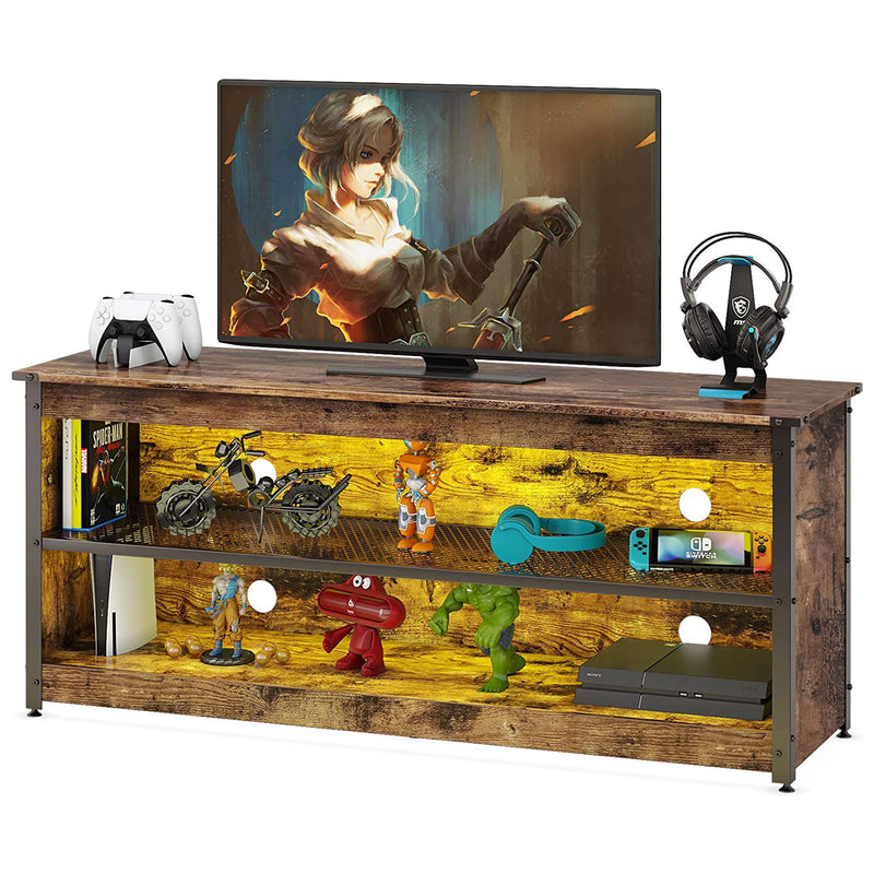 Bestier Industrial TV Stand with Iron Shelf and LED Lights 55.12 Inches, Brown