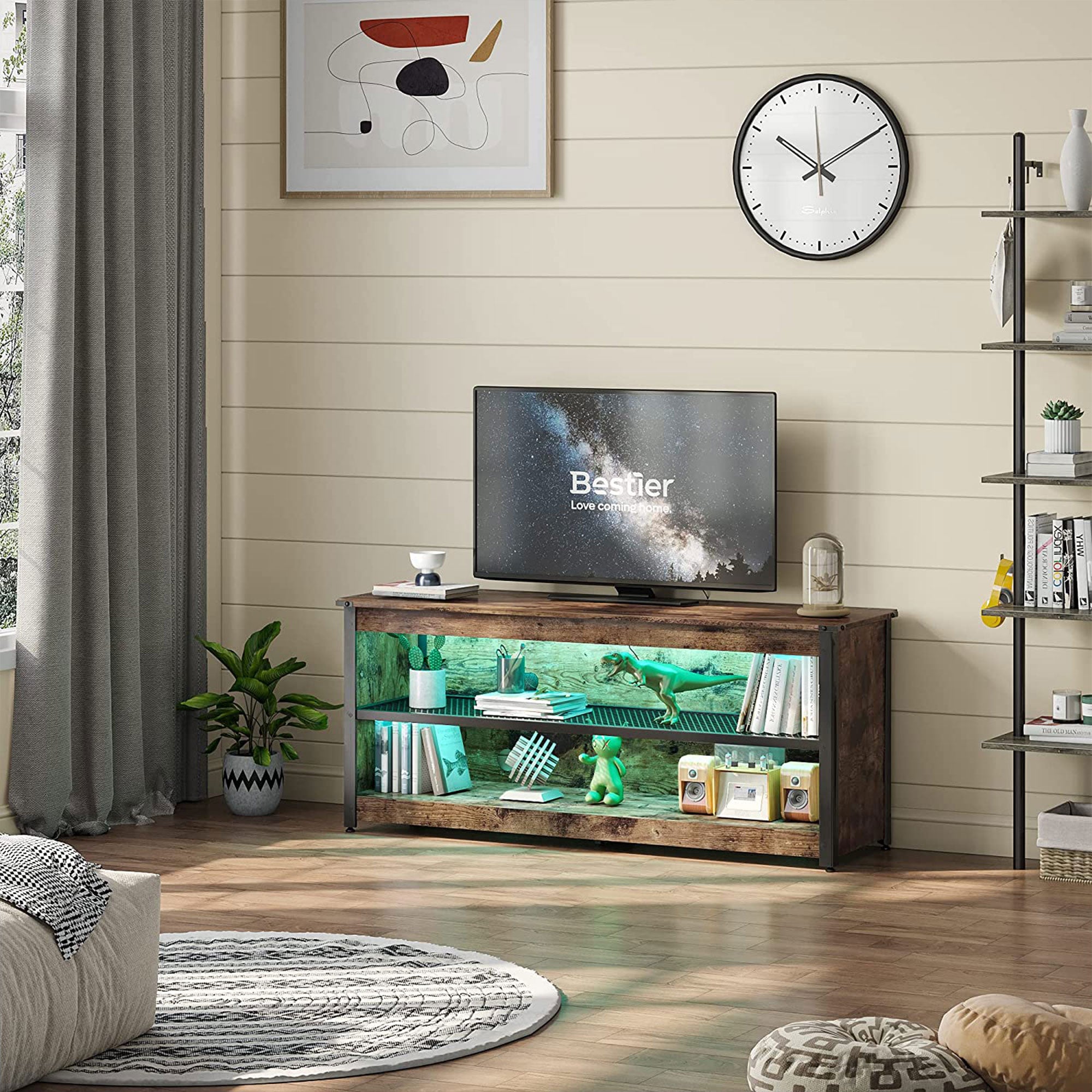 Bestier Industrial TV Stand with Iron Shelf and LED Lights 55.12 Inches, Brown