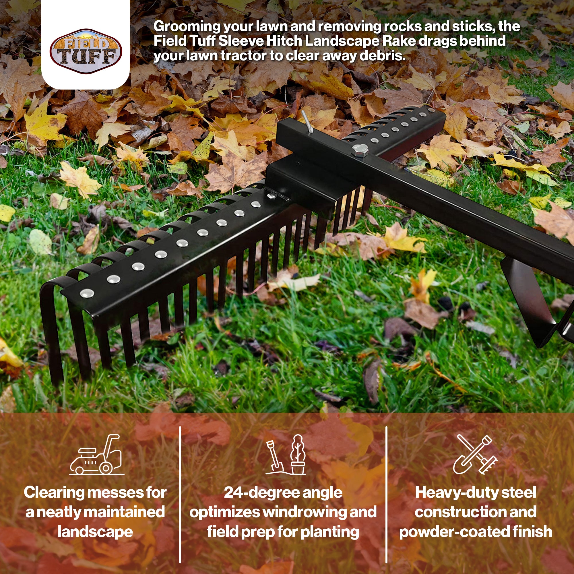 Field Tuff FTF-48SHLR 48 Inch Wide Sleeve Hitch Landscape Rake for Lawn Tractor - VMInnovations