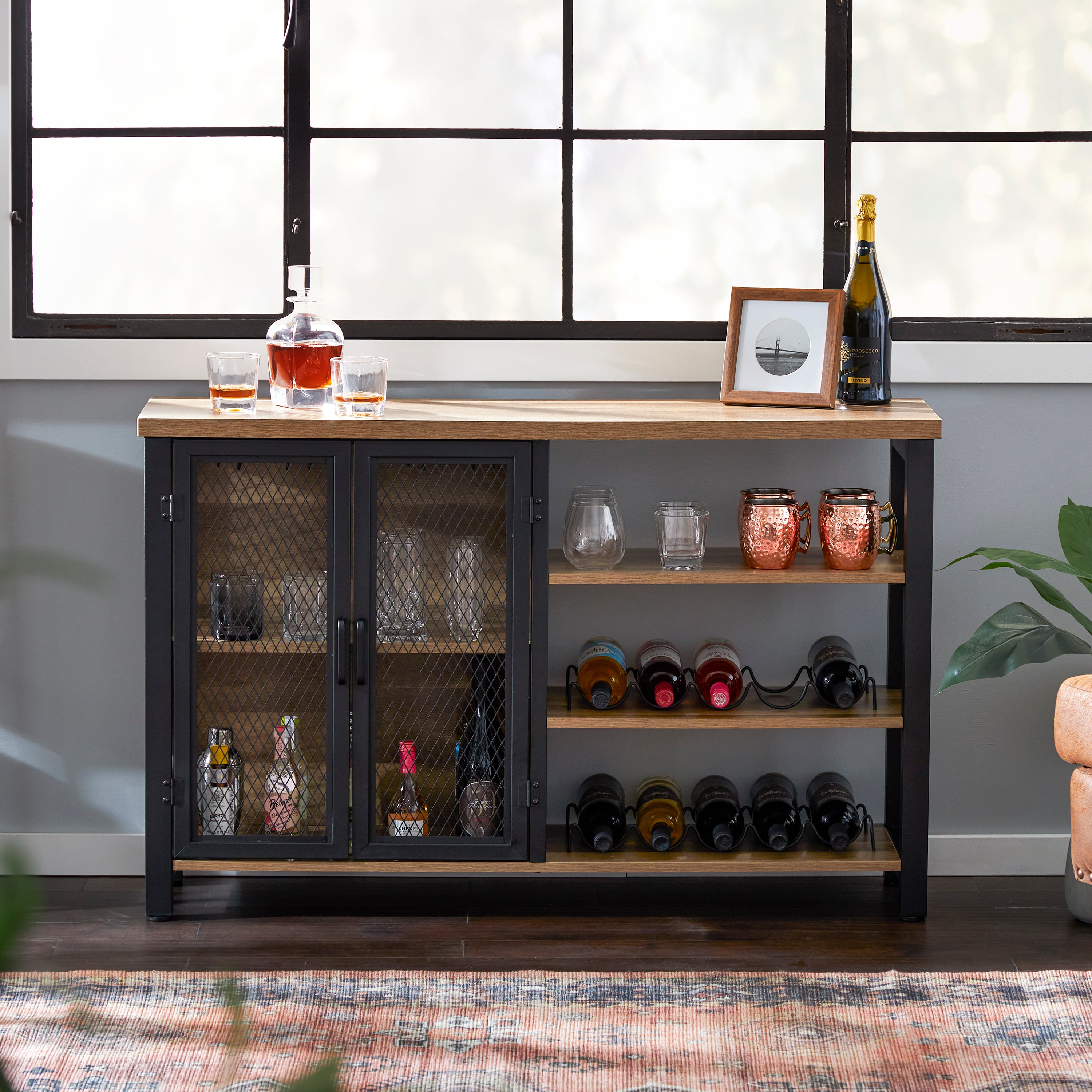 Industrial Rustic Bar Cabinet with Stemware & Wine Rack, Vintage Oak (For Parts) - VMInnovations