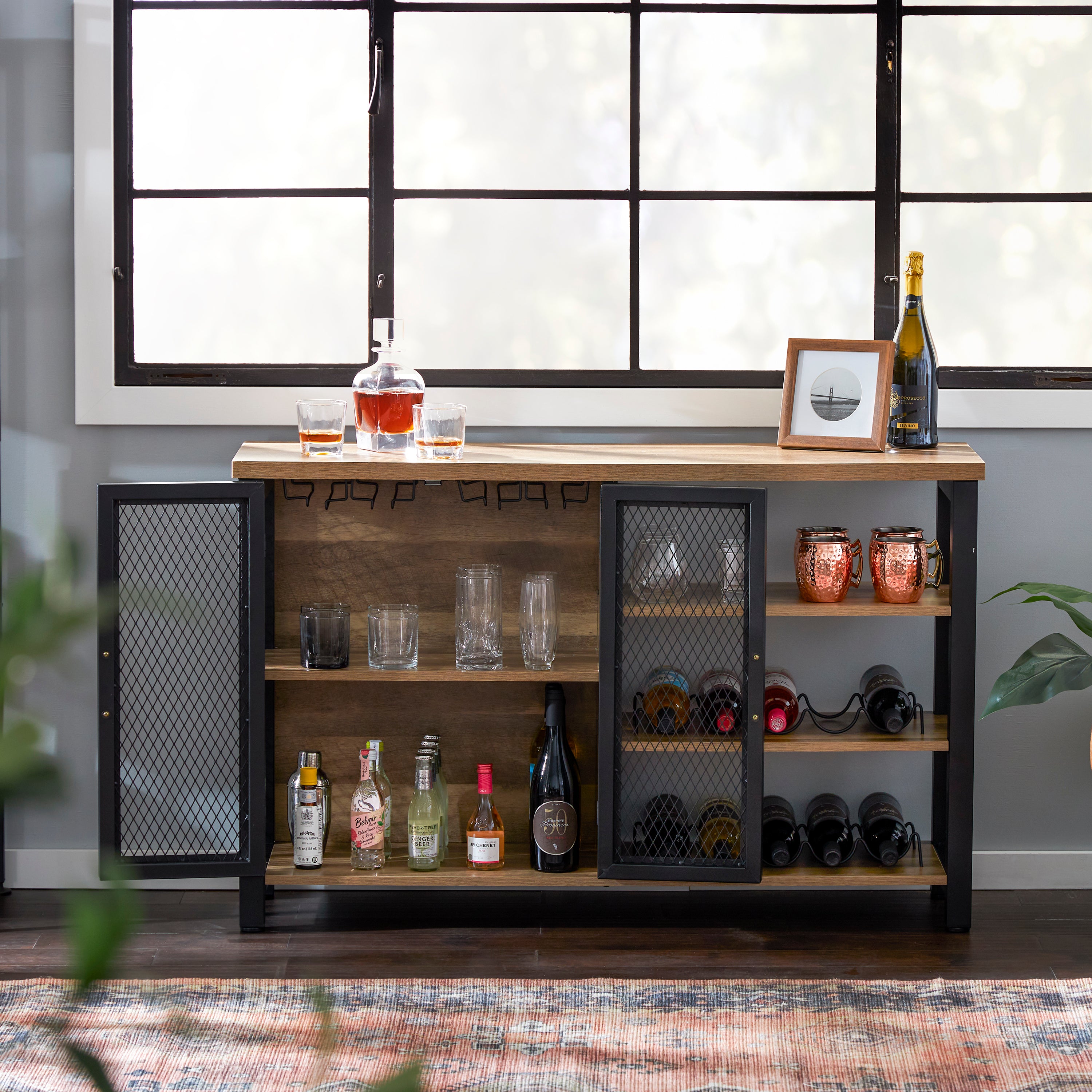 Industrial Rustic Bar Cabinet with Stemware & Wine Rack, Vintage Oak (For Parts) - VMInnovations