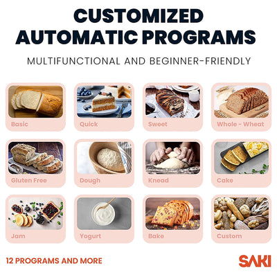 Saki 12-In-1 Programmable Bread Machine with Digital Touch Screen Control Panel