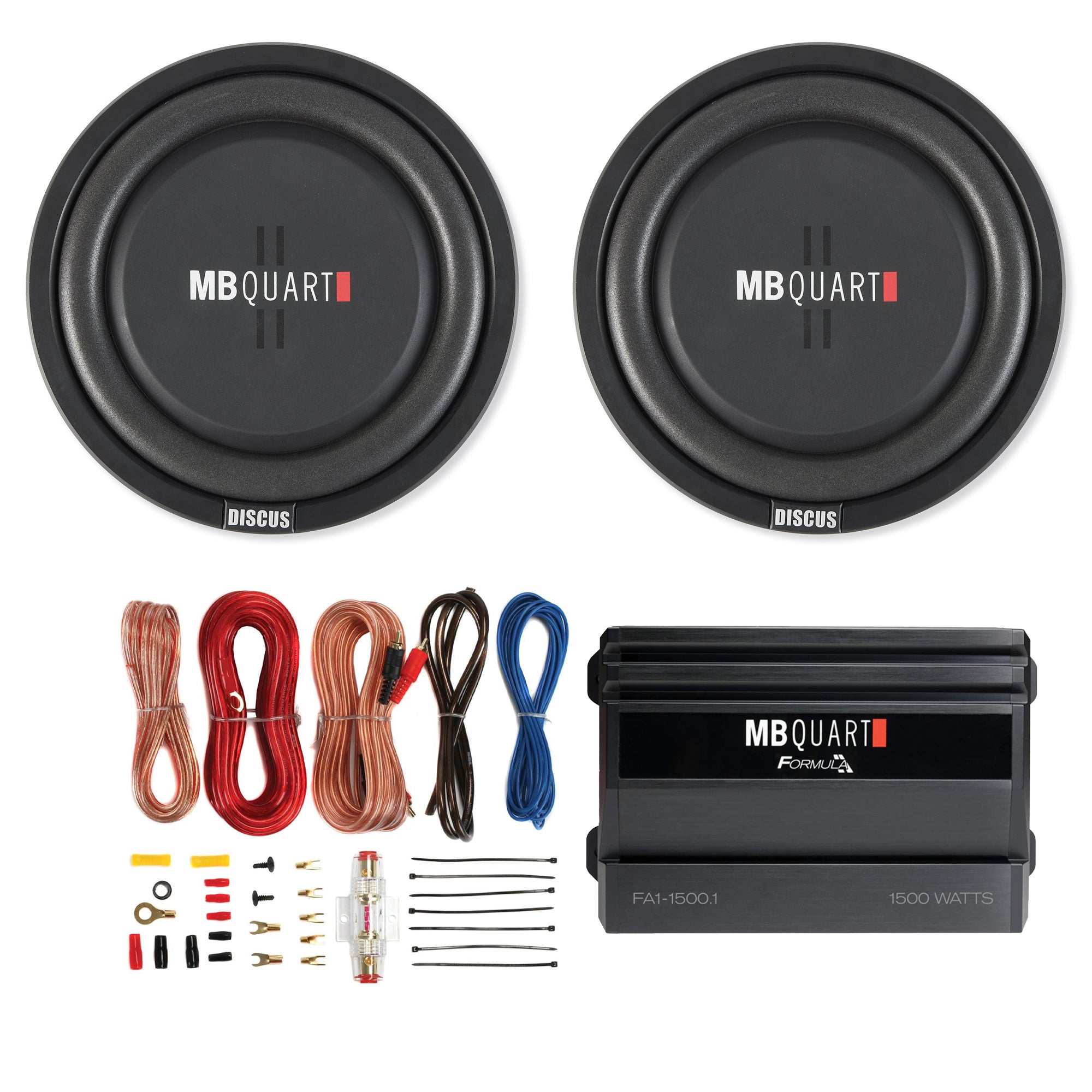 MB Quart 400W 12" Subwoofer (2 Pack), 1,500W Monoblock Amp, & AKS8 Wiring Kit - VMInnovations