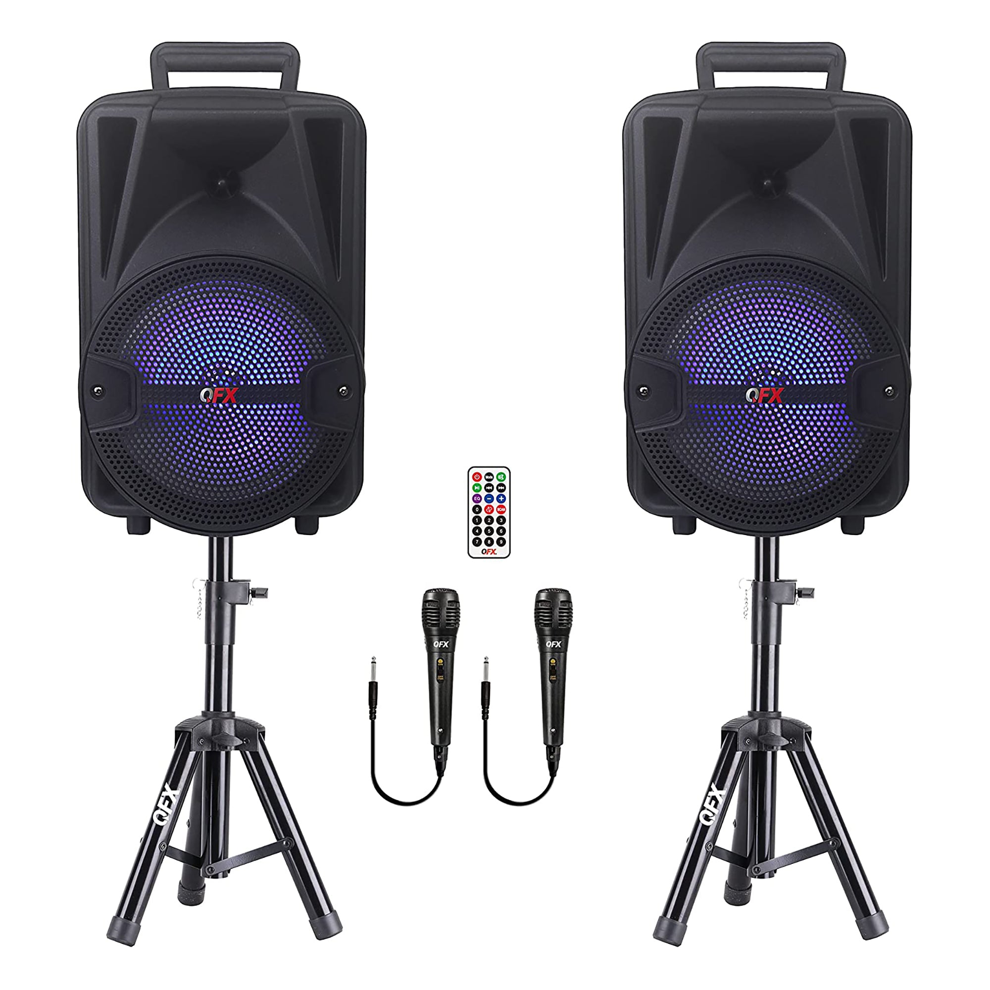 QFX Rechargeable Bluetooth Speakers w/ Microphones and Stands, 2 (For Parts) - VMInnovations
