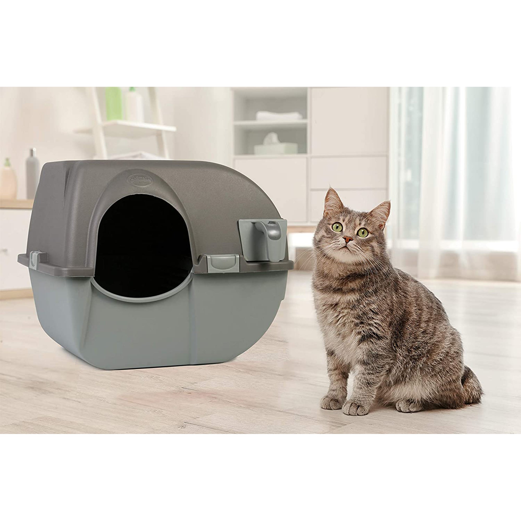 Omega Paw Roll 'n Clean Self Cleaning Litter Box for Regular Sized Cats, Pewter