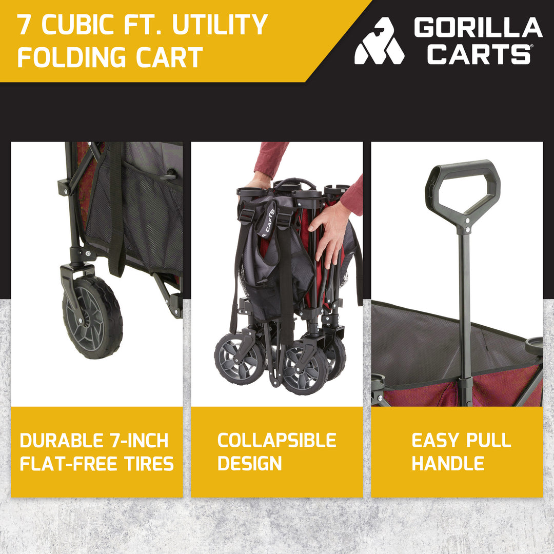Gorilla Carts 7 Cubic Feet Foldable Utility Beach Wagon with Oversized Bed, Red - VMInnovations