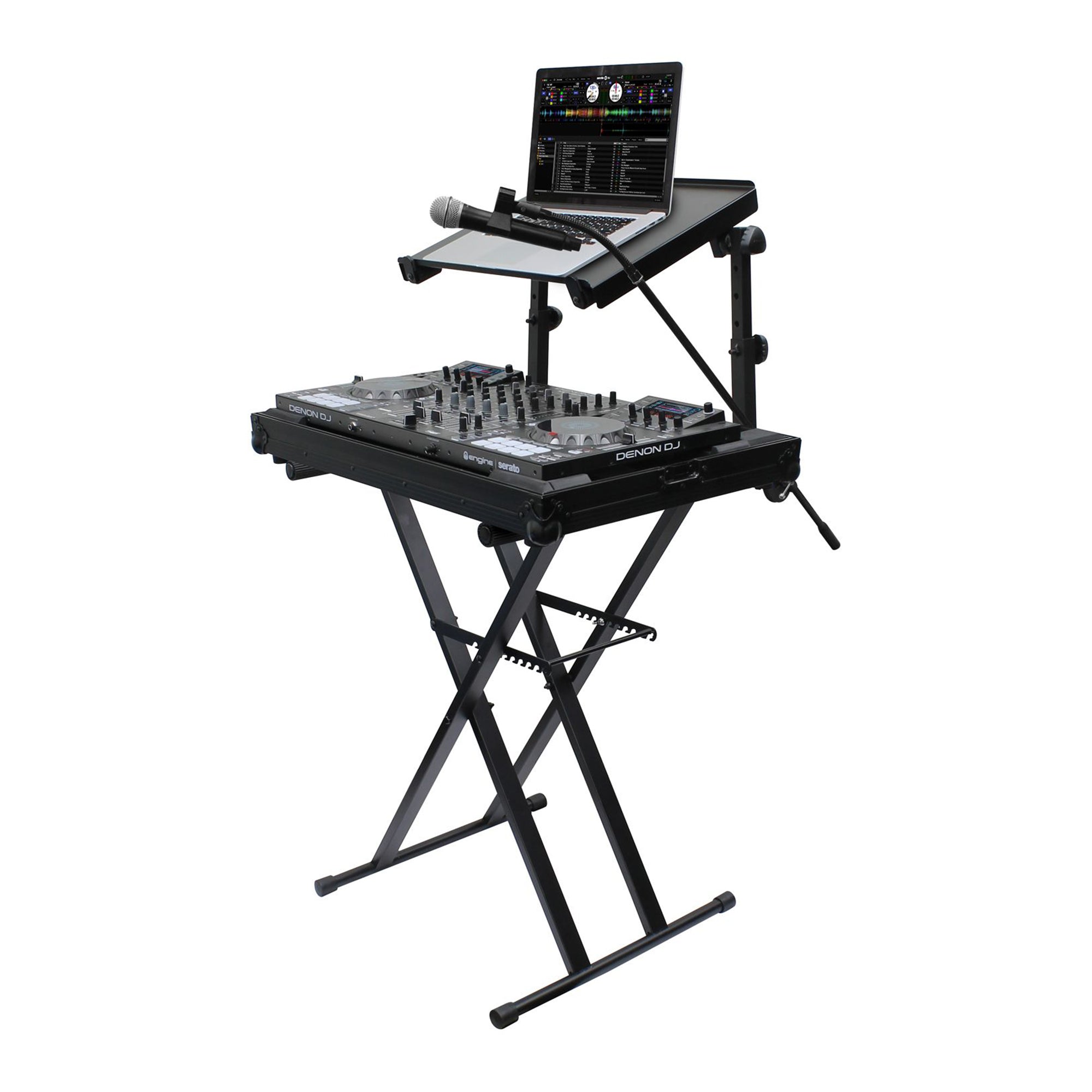 Odyssey Case 2 Tier DJ X Stand Combo Pack with Mic Boom and Top Shelf, Black - VMInnovations