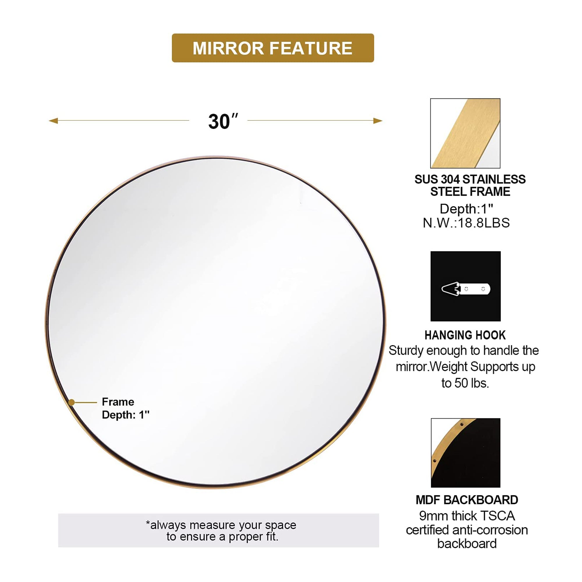 ANDY STAR 30" Round Circle Mirror with Stainless Steel Metal Frame, Gold (Used) - VMInnovations