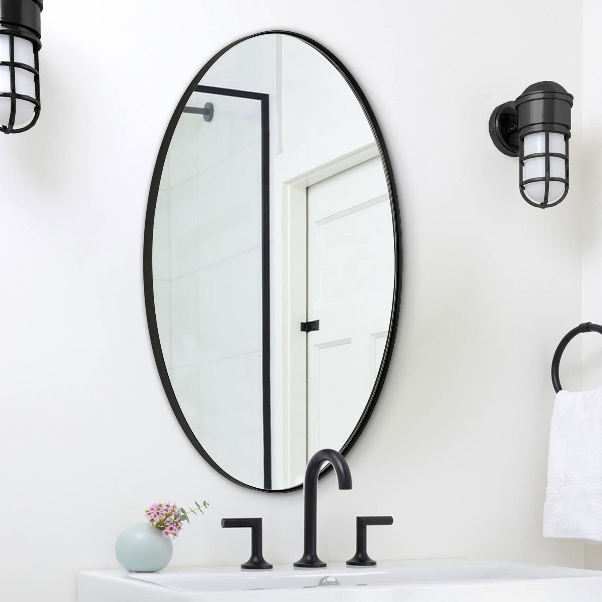 ANDY STAR Modern 24 x 36 Inch Oval Wall Hanging Bathroom Mirror, Black(Open Box) - VMInnovations