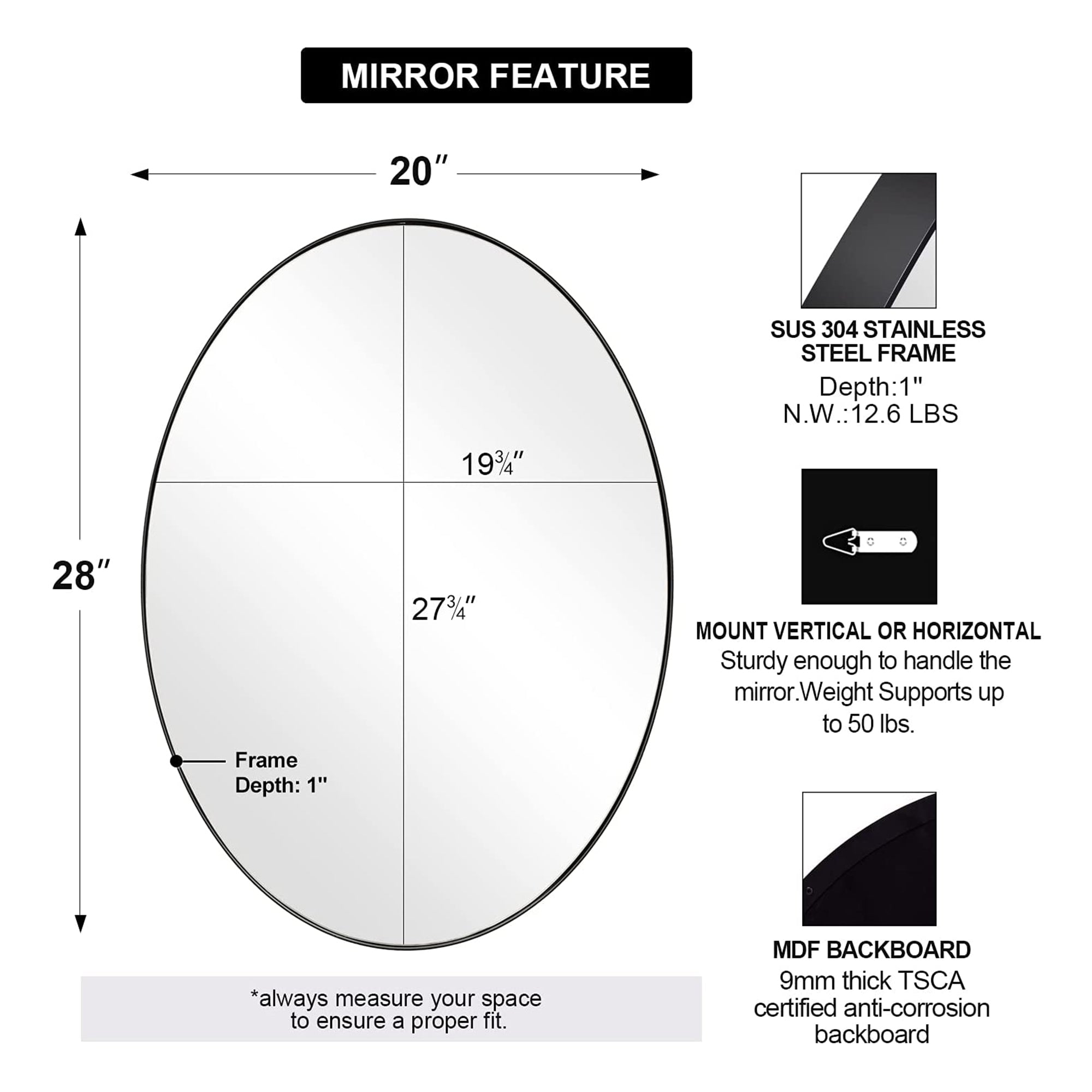 ANDY STAR Modern 20" x 28" Oval Wall Hanging Bathroom Mirror, Matte Black (Used) - VMInnovations
