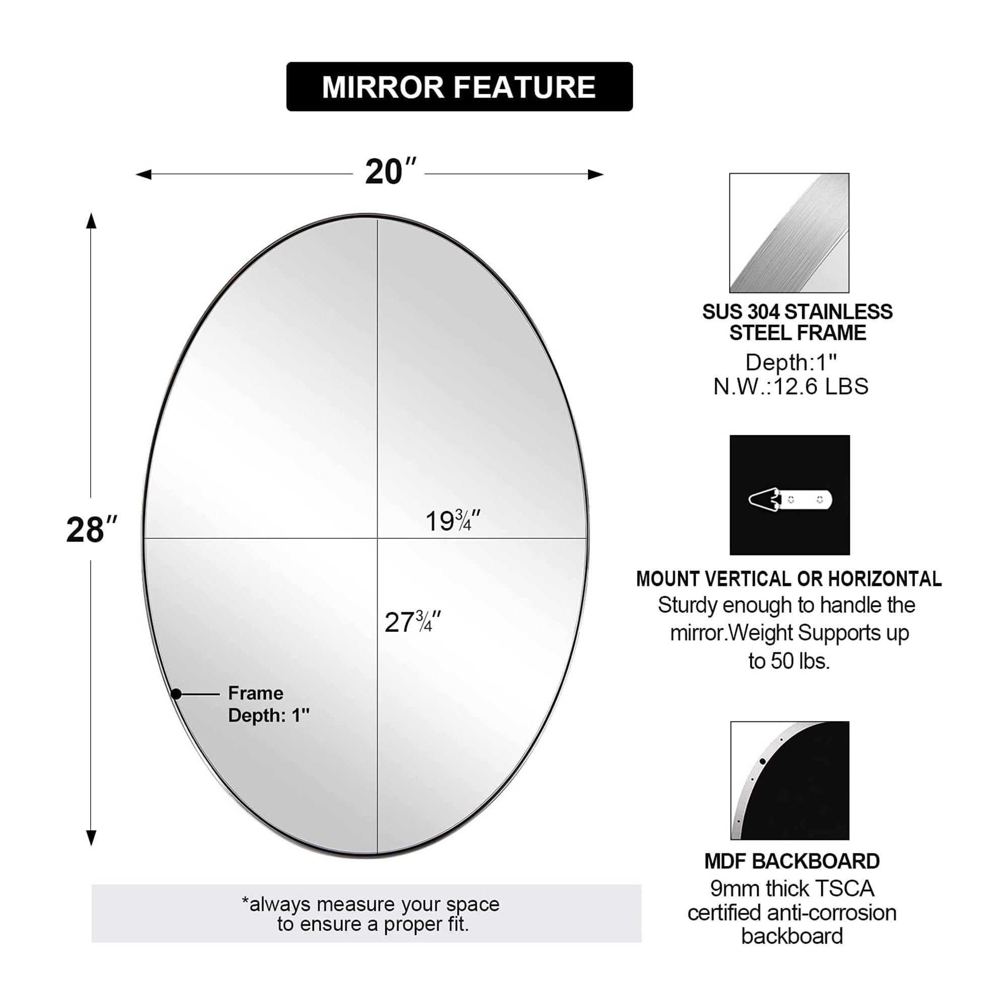 ANDY STAR Modern 22 x 30 Inch Oval Wall Hanging Bathroom Mirror (Open Box) - VMInnovations