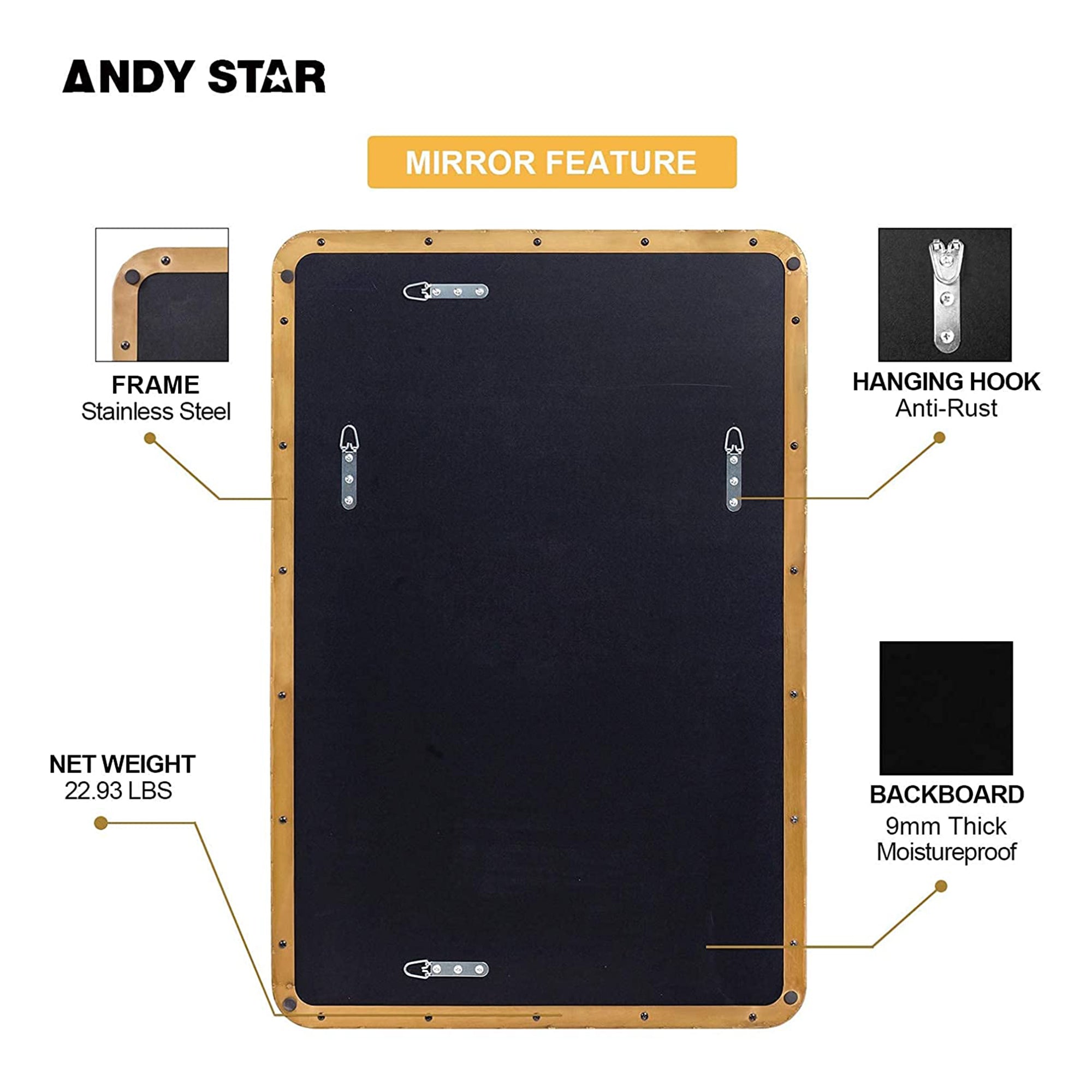 ANDY STAR 24 x 36 Inch Rectangular Hanging Metal Frame Wall Mirror (Open Box) - VMInnovations