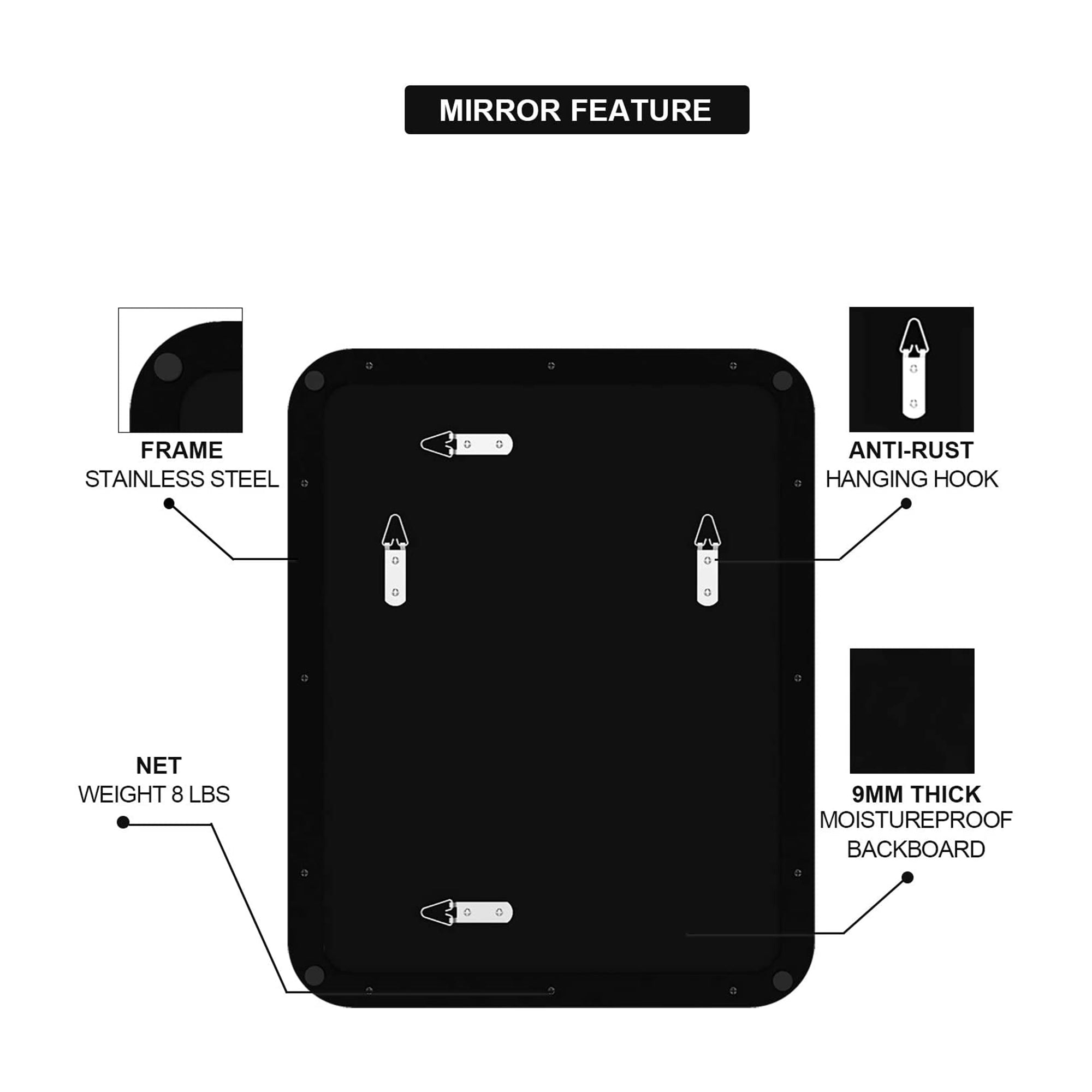 ANDY STAR 16 x 20 Inch Rectangular Hanging Bathroom Vanity Mirror, Black (Used) - VMInnovations