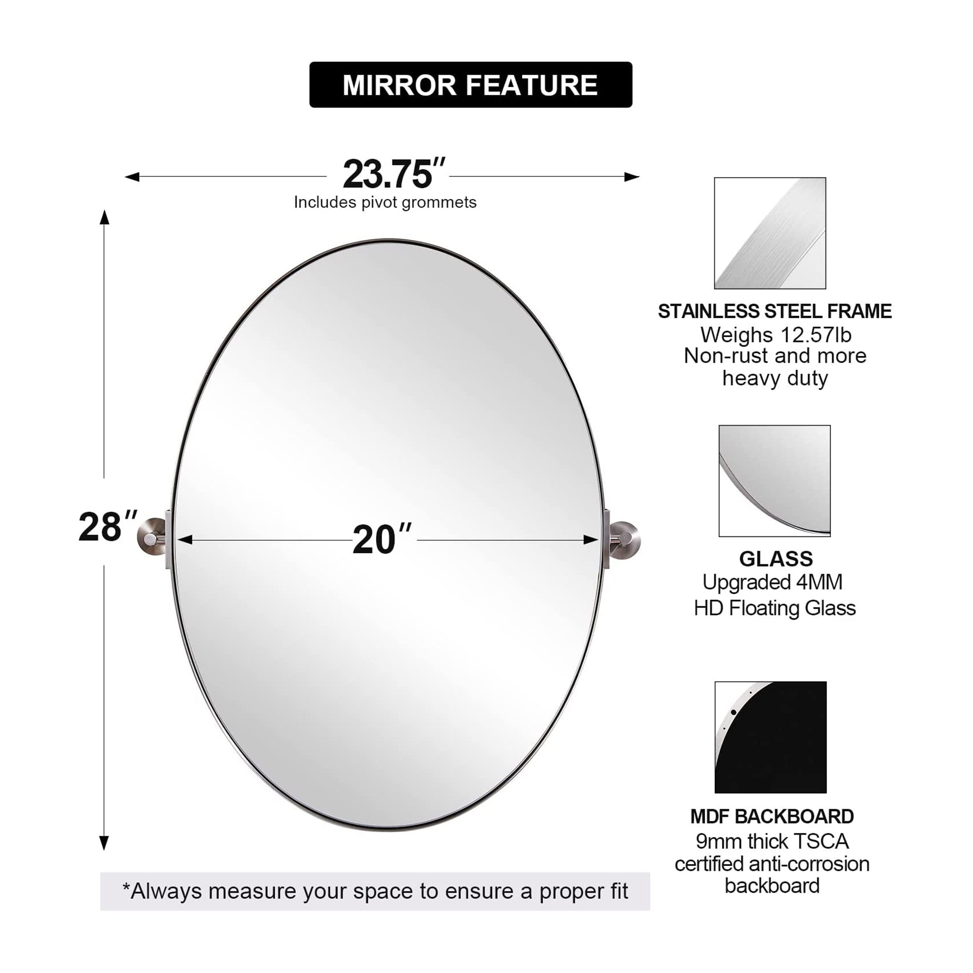 Moon Mirror Modern Oval Wall Pivot Steel Bathroom Mounted Mirror (Open Box) - VMInnovations