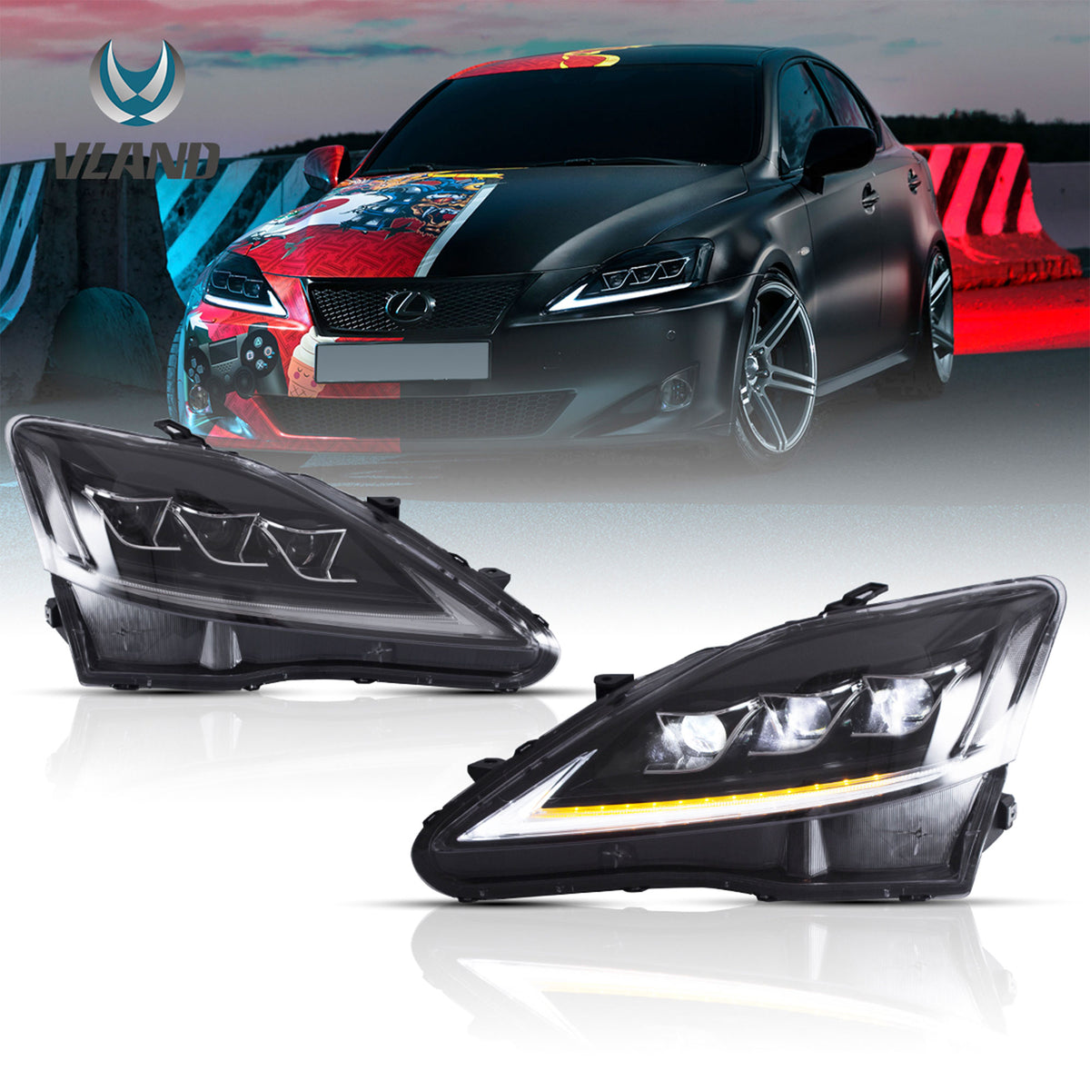 VLAND YAA-IS-0303 LED Headlights w/ Turn Signals for Select 2006-12 Lexus Models