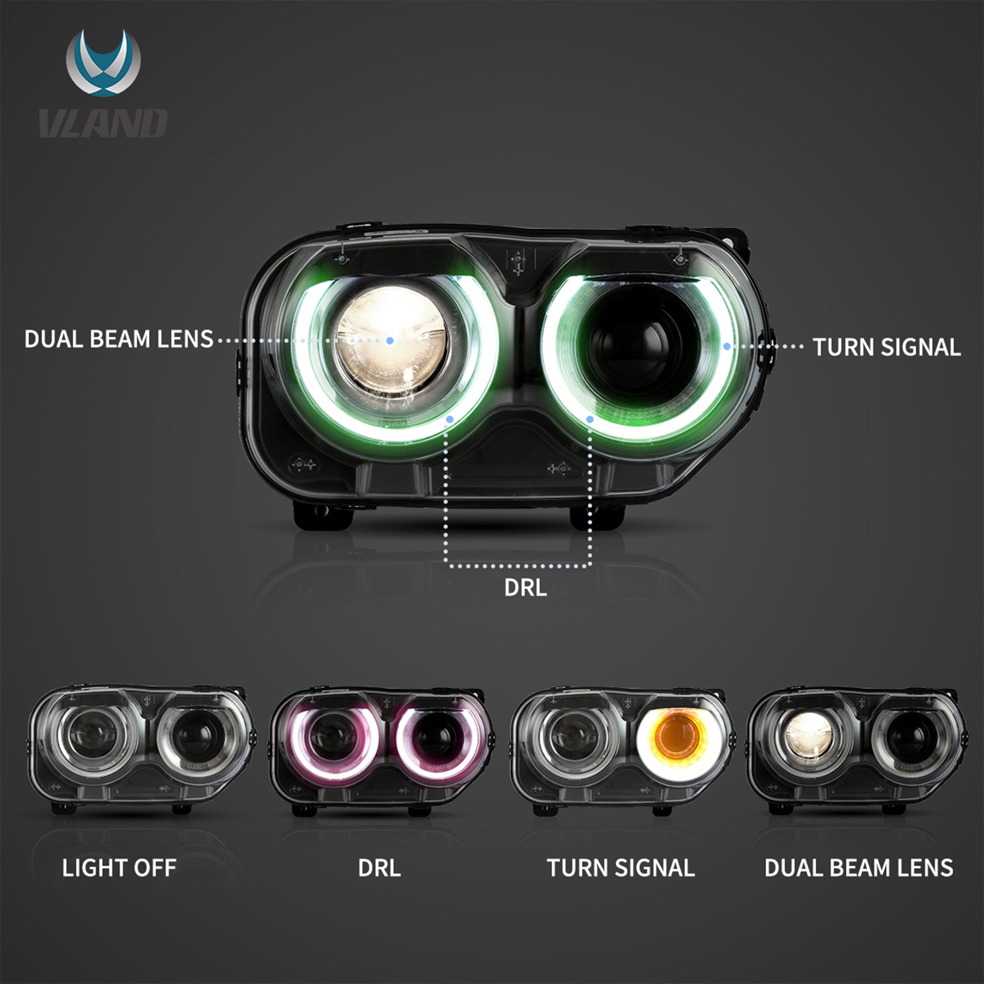 Vland Dual Beam Projector Headlights for 2015-2019 Dodge Challenger (Open Box)