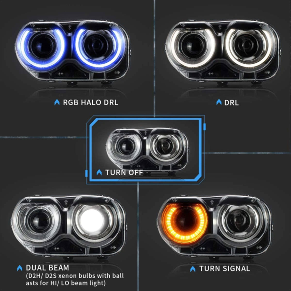 Vland Dual Beam Projector Headlights for 2015-2019 Dodge Challenger (Open Box)