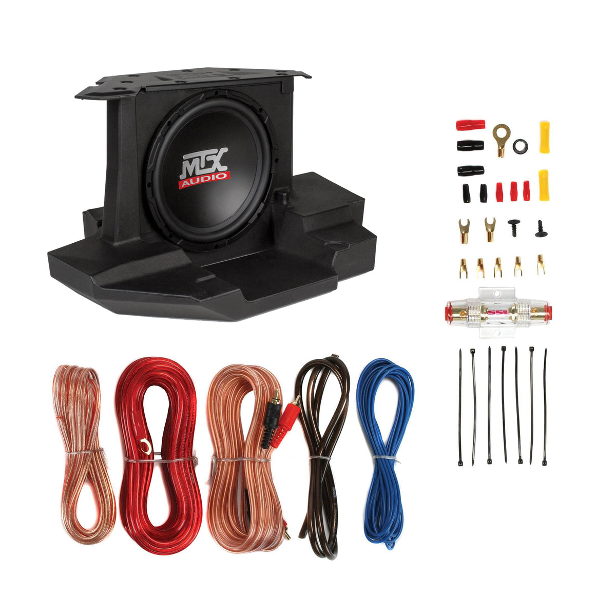 MTX GENERAL-10 Subwoofer Enclosure & Soundstorm 8 Gauge Complete Amp Wiring Kit