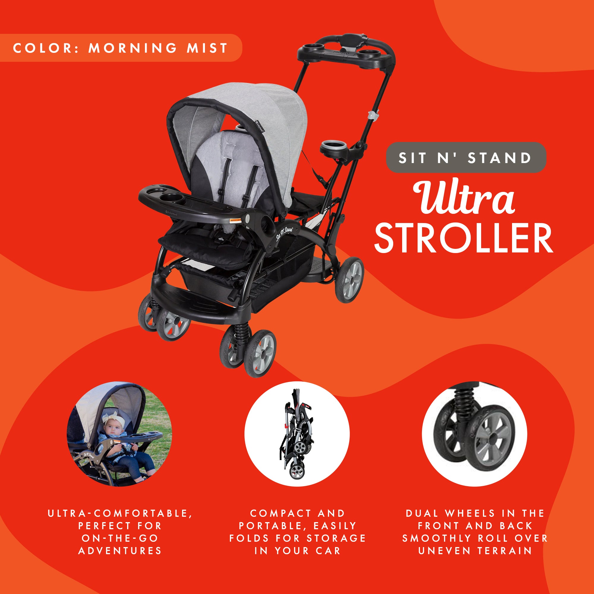 Baby Trend Sit N' Stand Foldable Front & Rear Seat Stroller, Morning Mist (Used)