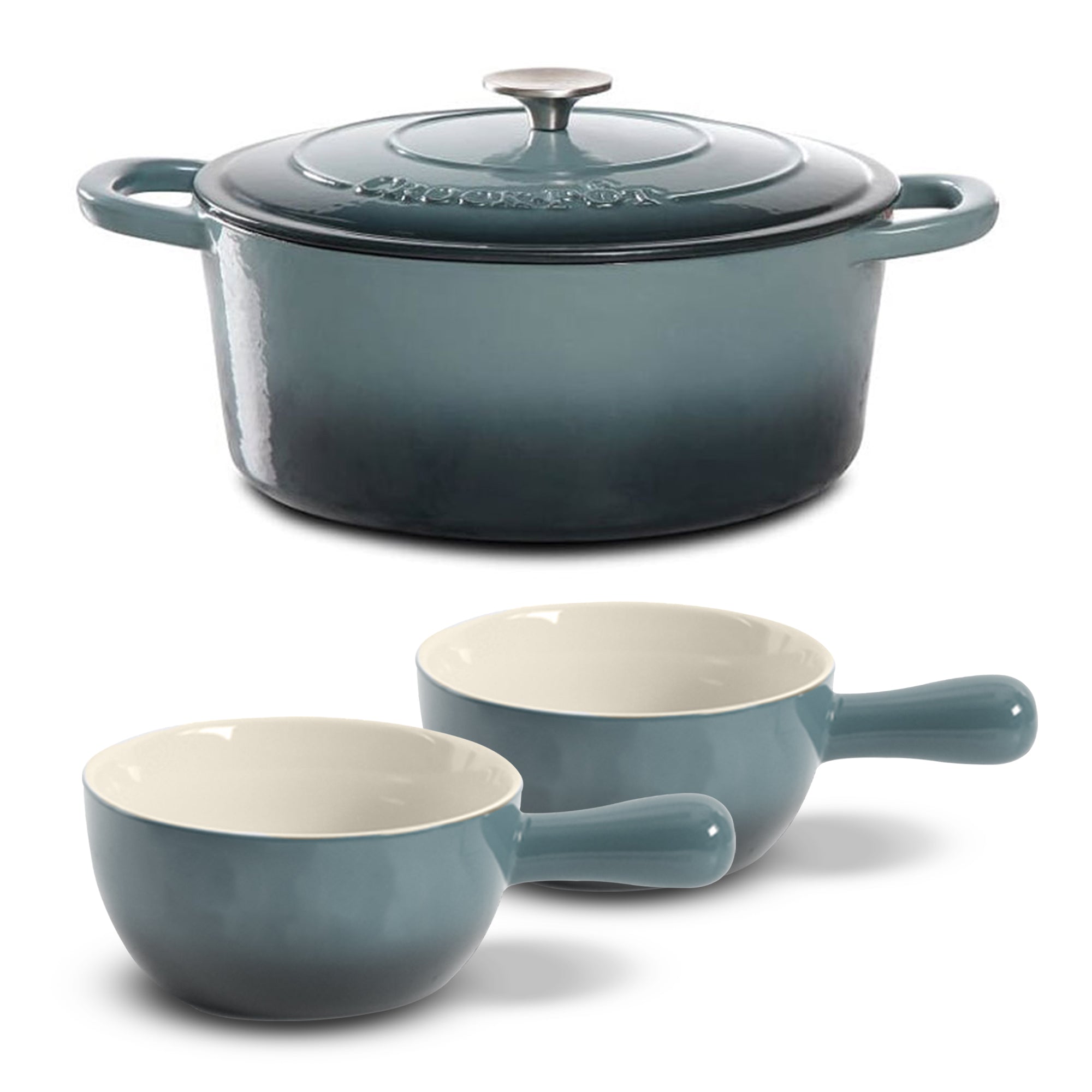 Crock-Pot 7 Qt Cast Iron Dutch Oven + Gibson CrockPot Stoneware Soup Bowls, Gray - VMInnovations
