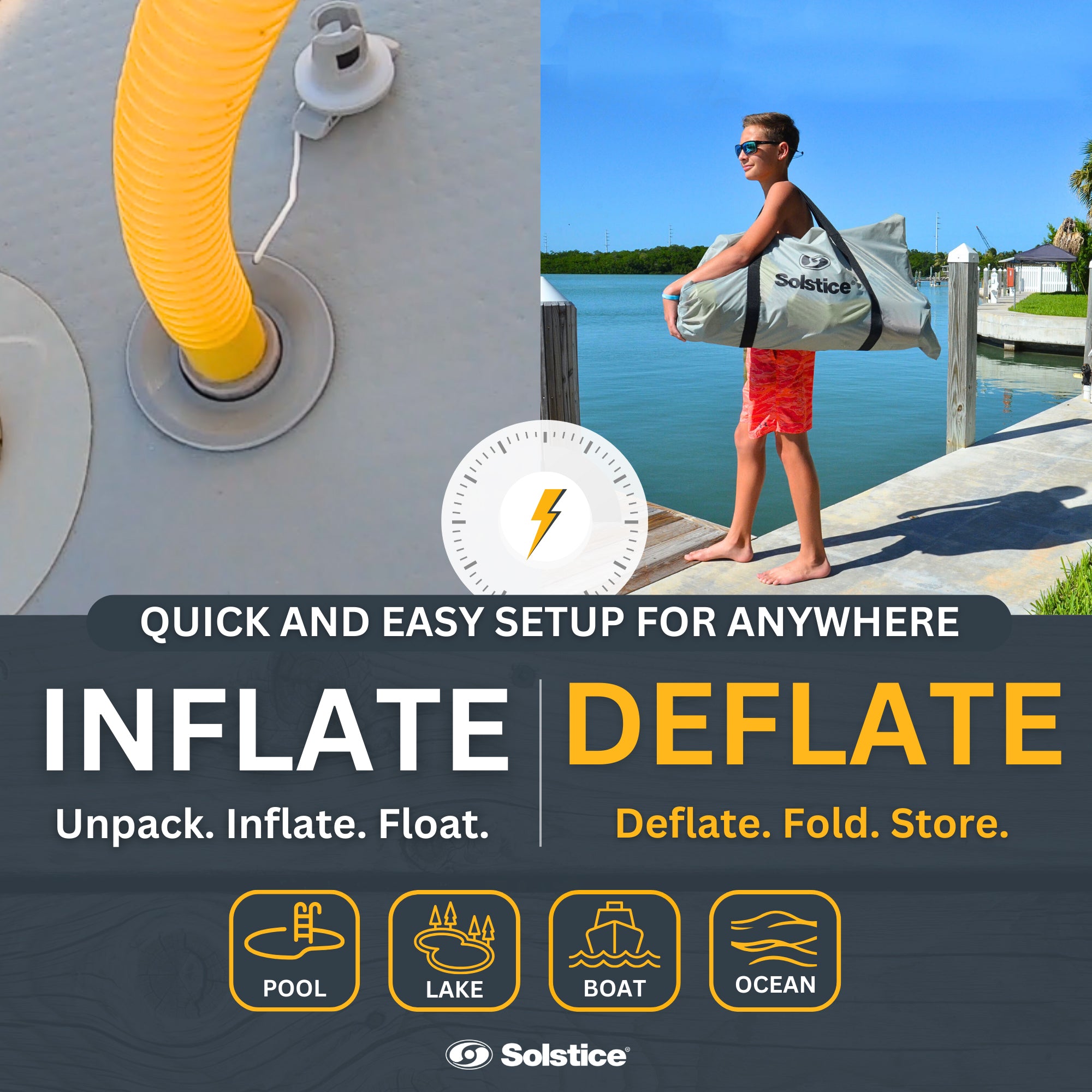 Solstice 6 x 5 ft Inflatable Floating Dock Rafting Platform w/Pump & Bag, Multi