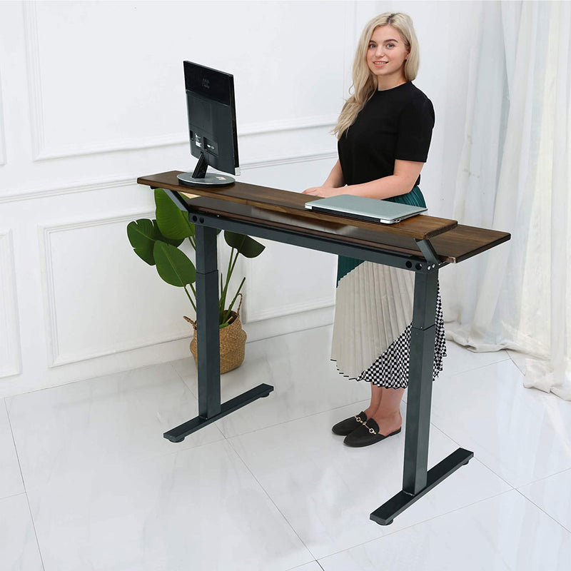 SDADI Adjustable Height Steel Frame 2 Tier Standing Desk w/ Crank, Light Grain