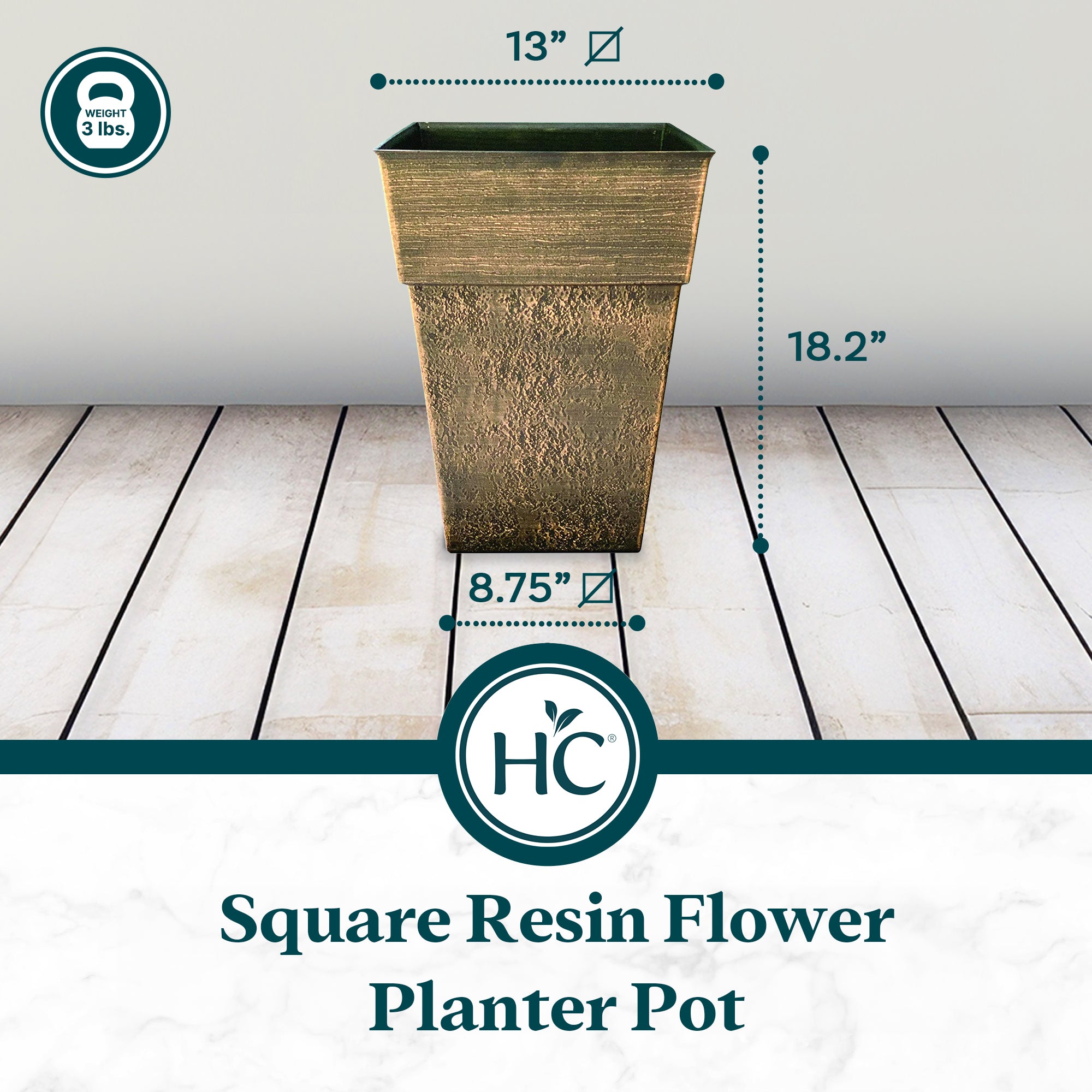 The HC Companies 13" Square Resin Flower Planter Pot, Celtic Bronze (Open Box) - VMInnovations