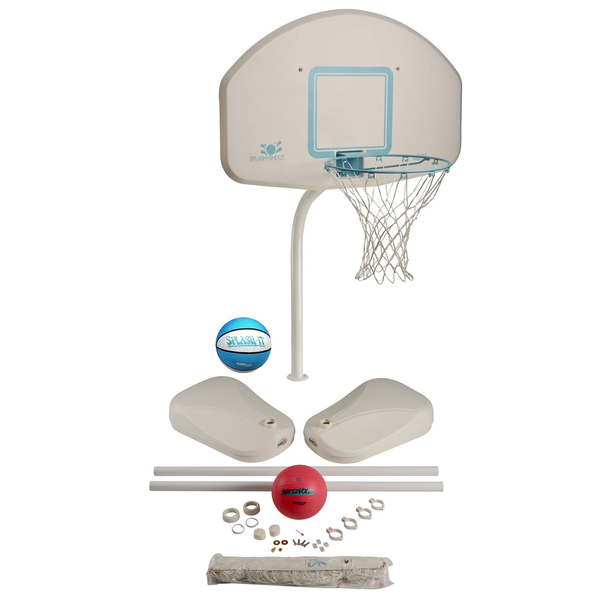 Dunn-Rite Deck Pool Basketball Hoop + V200 AquaVolley Pool Volleyball Net Set