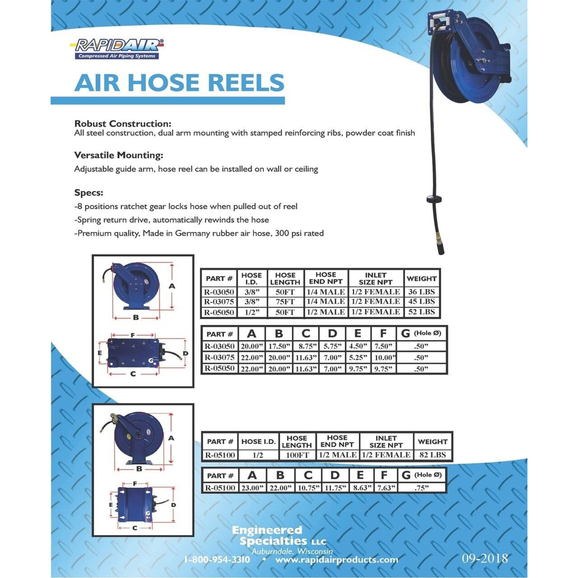 RapidAir 3/8" by 50' Dual Arm Auto Rewind Alloy Steel Hose Reel, Blue(For Parts) - VMInnovations