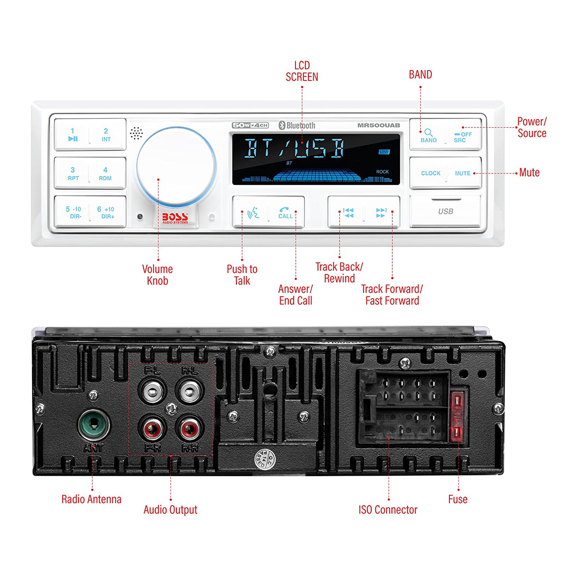 BOSS Audio Single-DIN Mech-Less Marine Audio Bluetooth Multimedia Player, White - VMInnovations