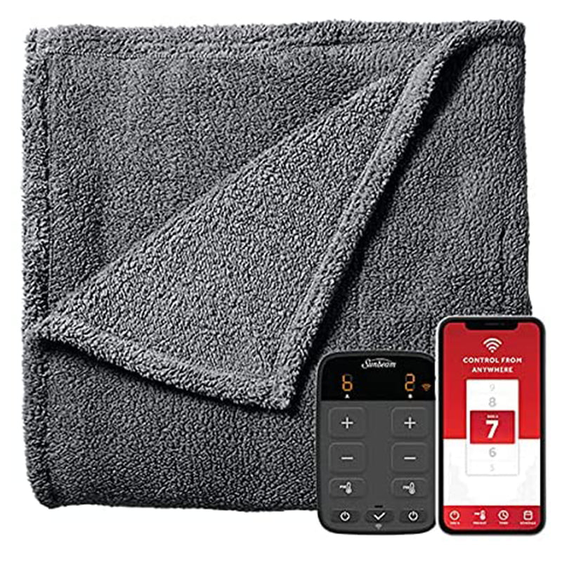 Sunbeam LoftTec Wi-Fi Connected Heated Blanket with 10 Heat Settings, Full, Gray