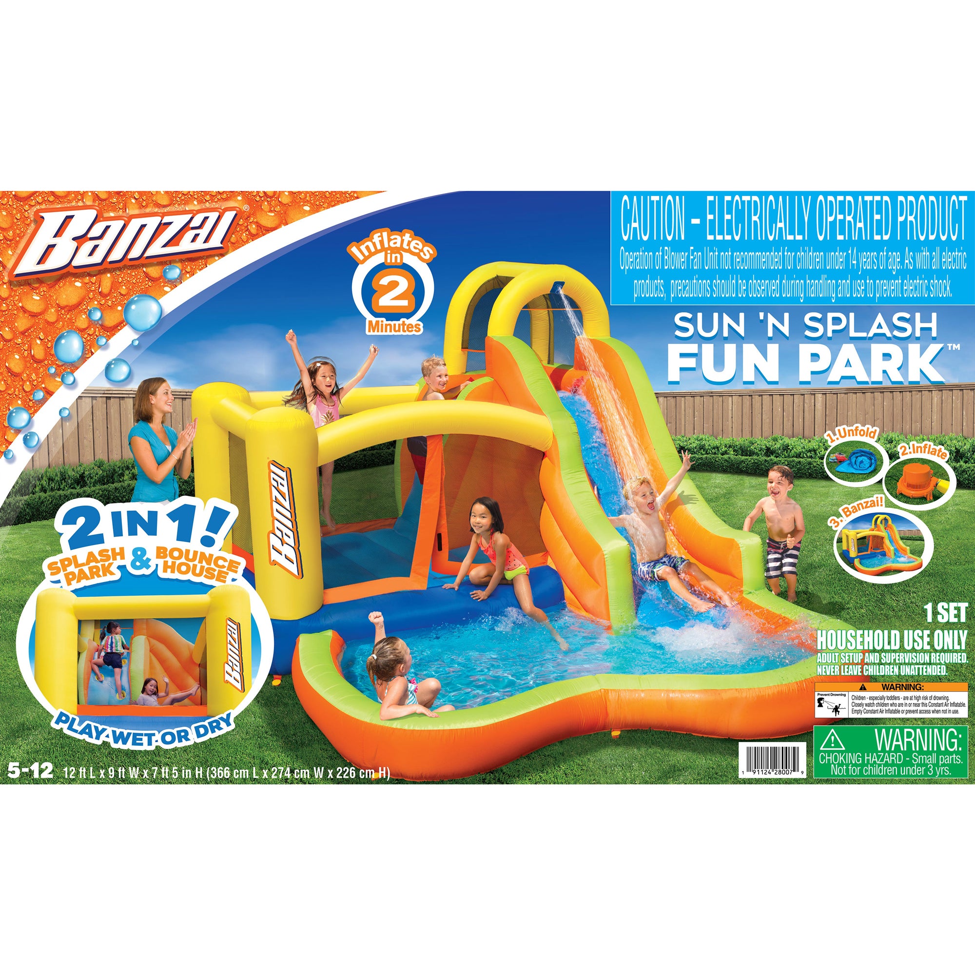 Banzai Sun 'N Splash Fun Inflatable Bounce House and Water Slide w/ Accessories - VMInnovations