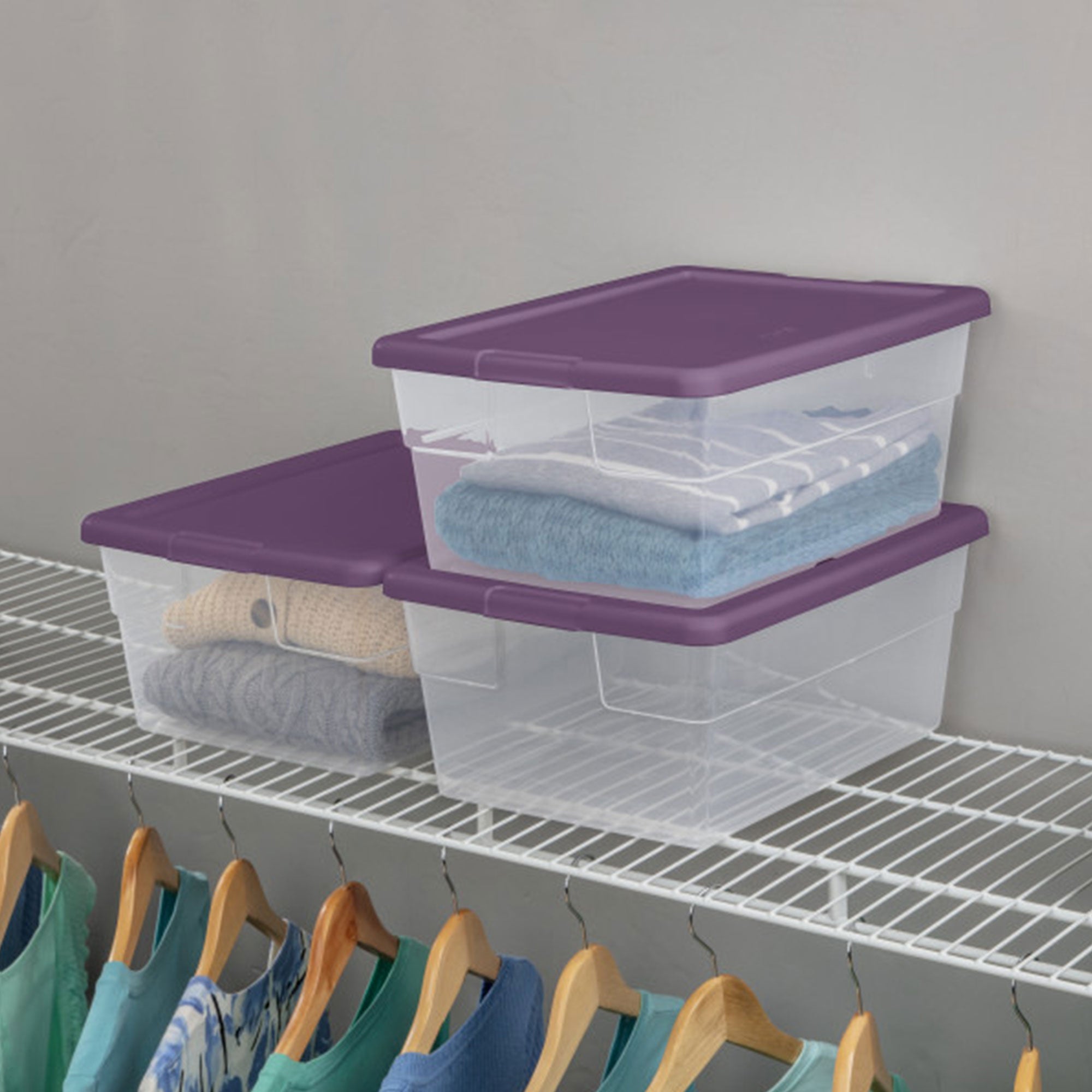 Sterilite Stackable 16 Qt Storage Box Container, Clear, Moda Purple Lid, 2 Pack