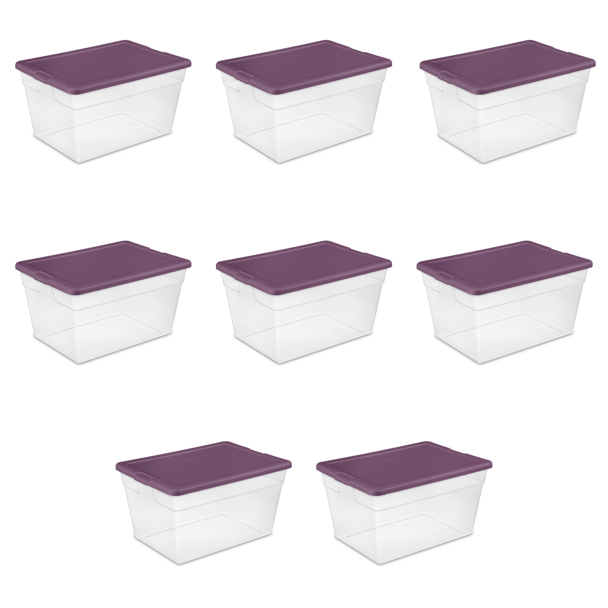 Sterilite 16598V08 Stackable 56 Quart Storage Tote Container, Clear, Purple Lid