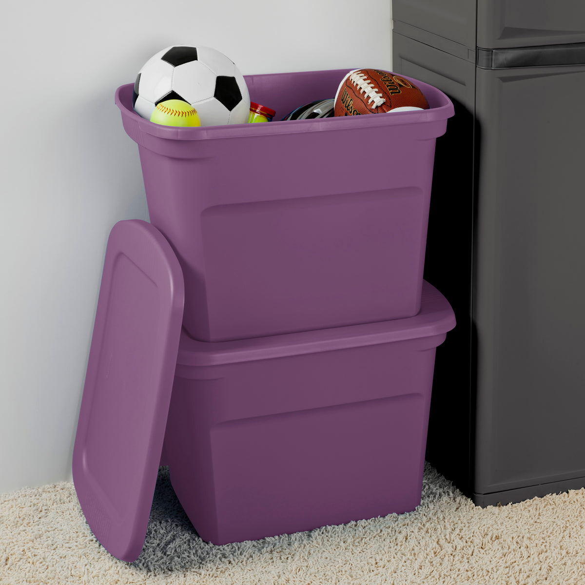 Sterilite 17318V08 Lidded Stackable 18 Gallon Storage Tote Container, Purple