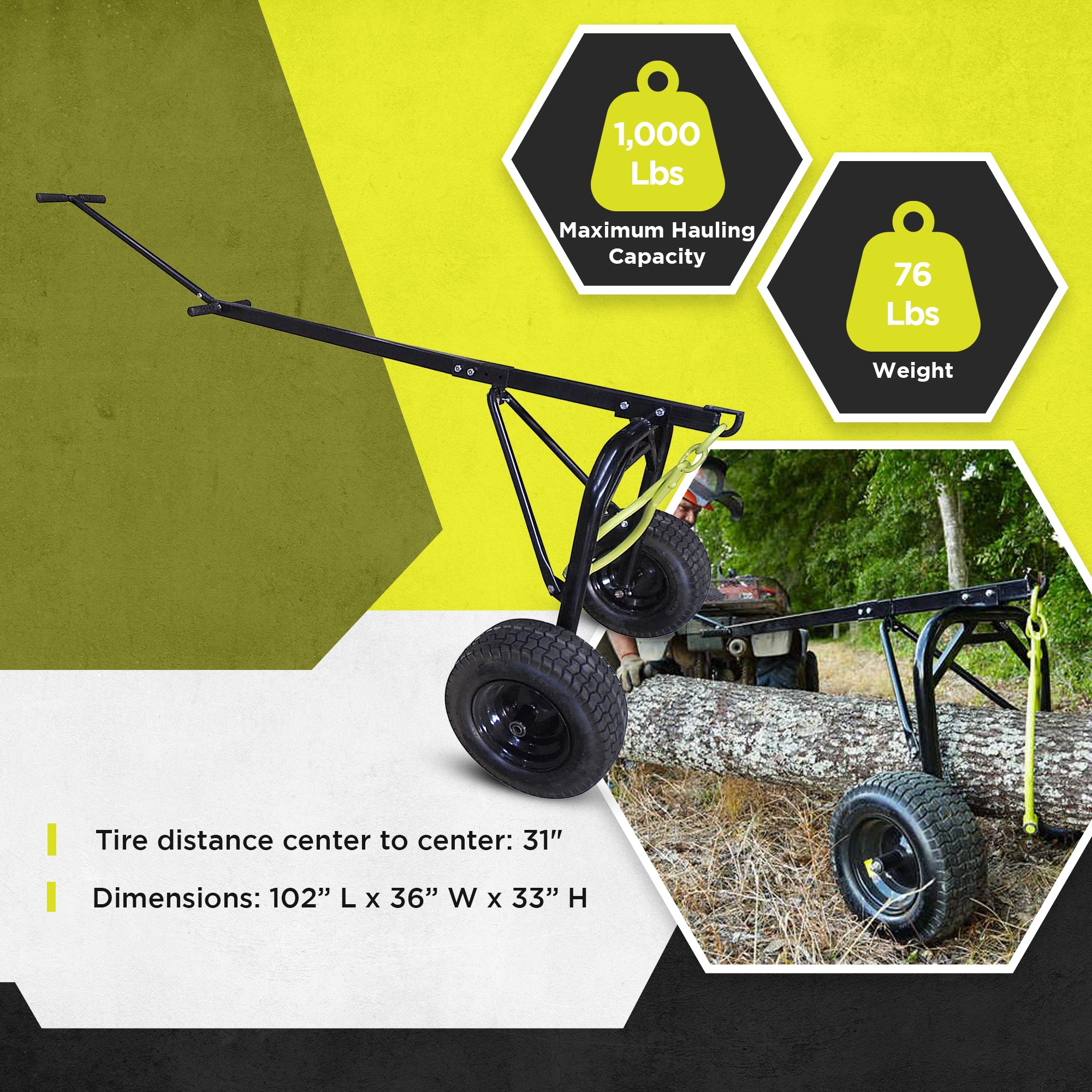 Timber Tuff Steel Log Carrier Dolly, 1000 Pound Capacity with ATV Compatibility