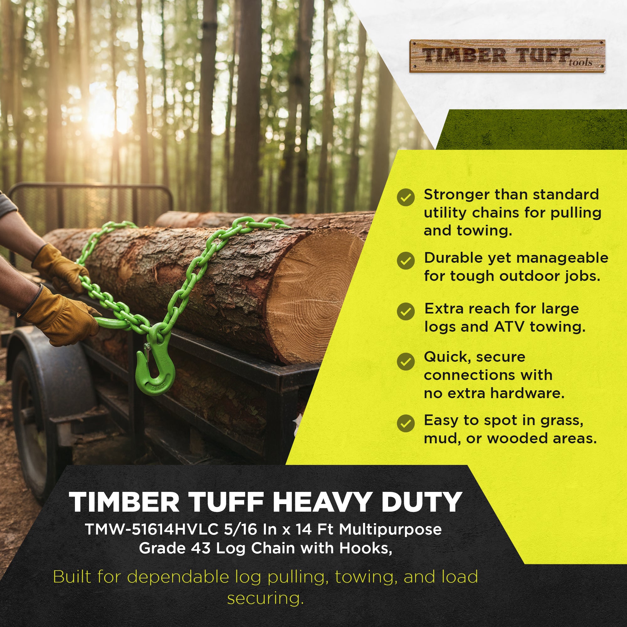 Timber Tuff 5/16 In x 14 Ft Multipurpose Grade 43 Log Chain with Hooks, Green - VMInnovations